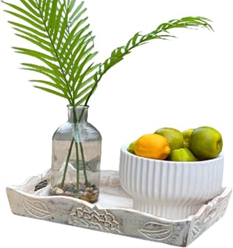 Handcarved Solid Wood Breakfast Serving Tray decirative Tray Rustic Farmhouse Tray Living Room Accent Tray Modern Design Ottoman Rectangle Tray White Tray 15 inch x 11