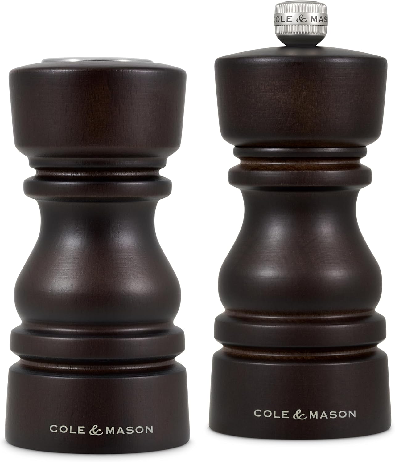 Cole & Mason London Wooden Shaker Gift Set - Refillable Salt & Pepper Grinder with Adjustable Grinding Mechanism - Chocolate Wood, 5" Salt & Pepper Gift Set