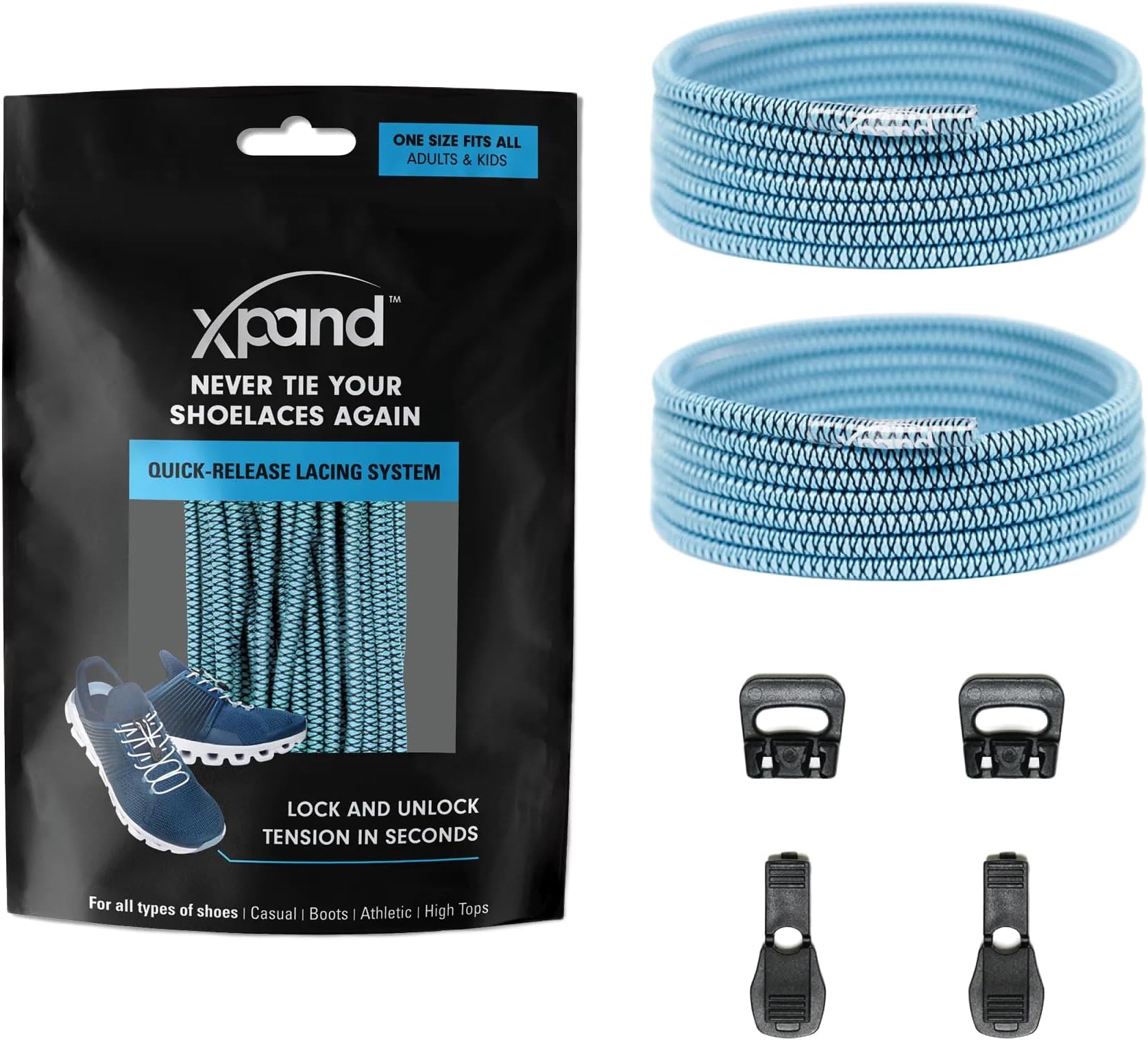 Xpand Round Lacing. Elastic No Tie Shoelaces - Quick Release Tension Control - One Size Fits All Adult and Kids Shoes