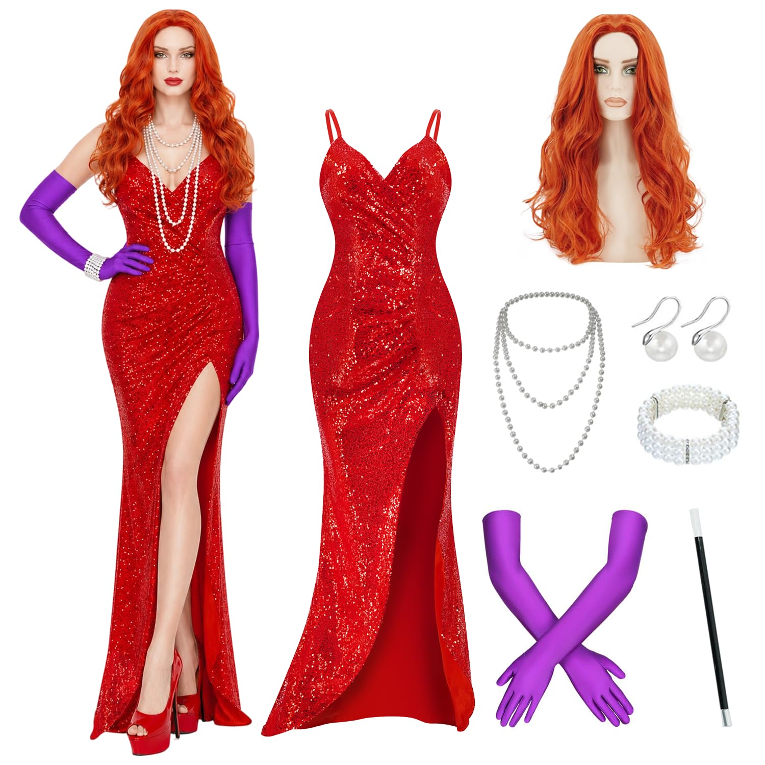 Gvnphal Jessica Rabbit Costume for Women Long Red Sequin Fancy Dress with Wig Necklace Gloves Bracelet Props Holder Earrings 2XL