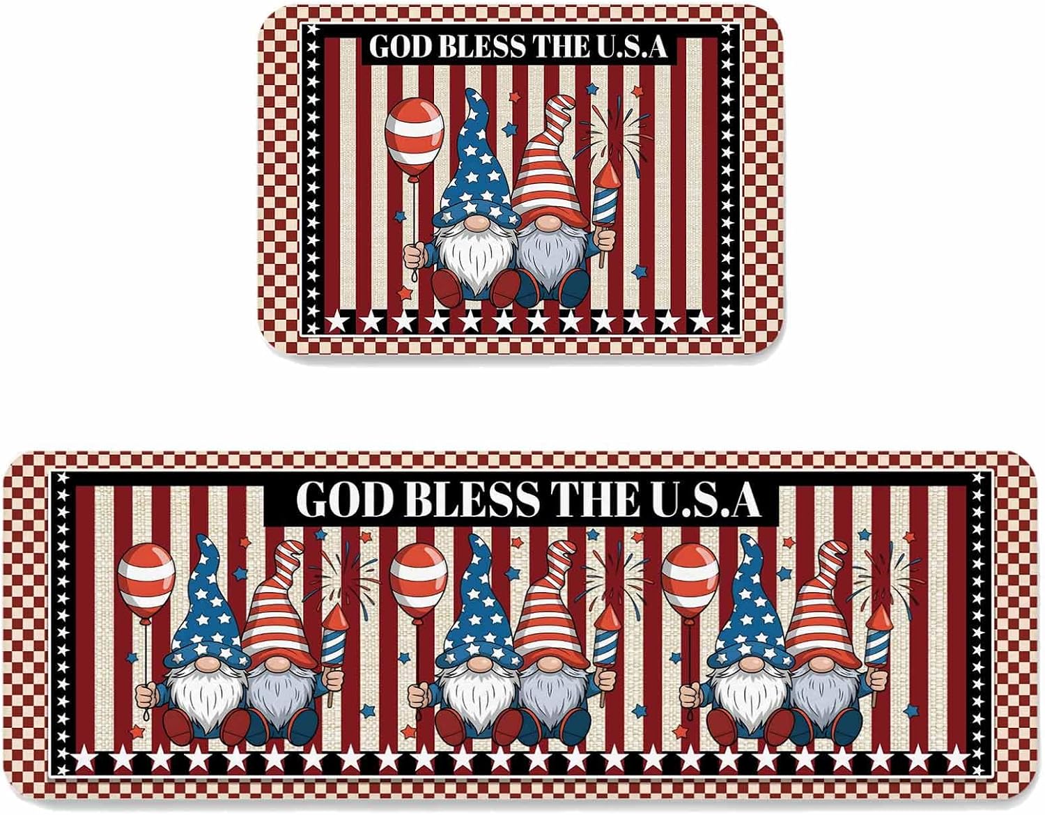 Prime Leader Independence Day Kitchen Mat Set 2 Pieces Red Blue Patriotic Gnomes Stripe Stars Plaid Non Slip Kitchen Rugs Washable Runner Rug Mats for Sink Laundry (19.7" x 31.5"+19.7" x 63")