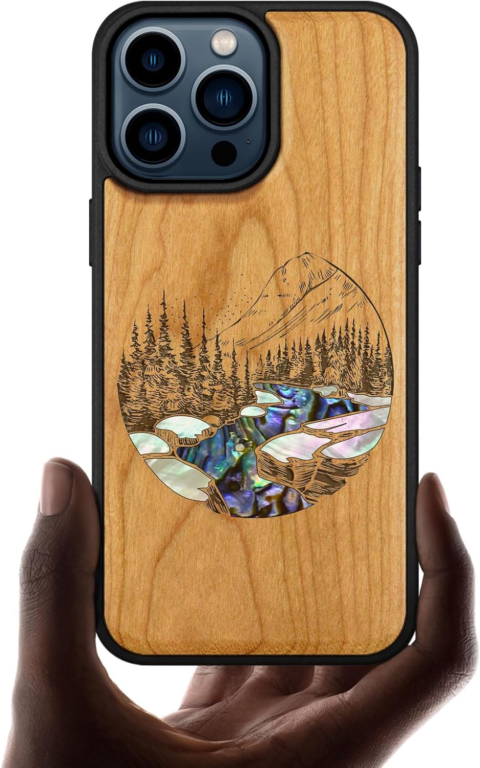 Carveit Wooden Case for iPhone 15 Pro Max Magnetic Case, Compatible with MagSafe Wireless Chargers, Shockproof Cover, Handmade Shell Inlaid & Wood Artisan Engraved (Natural Landscape) Rosy