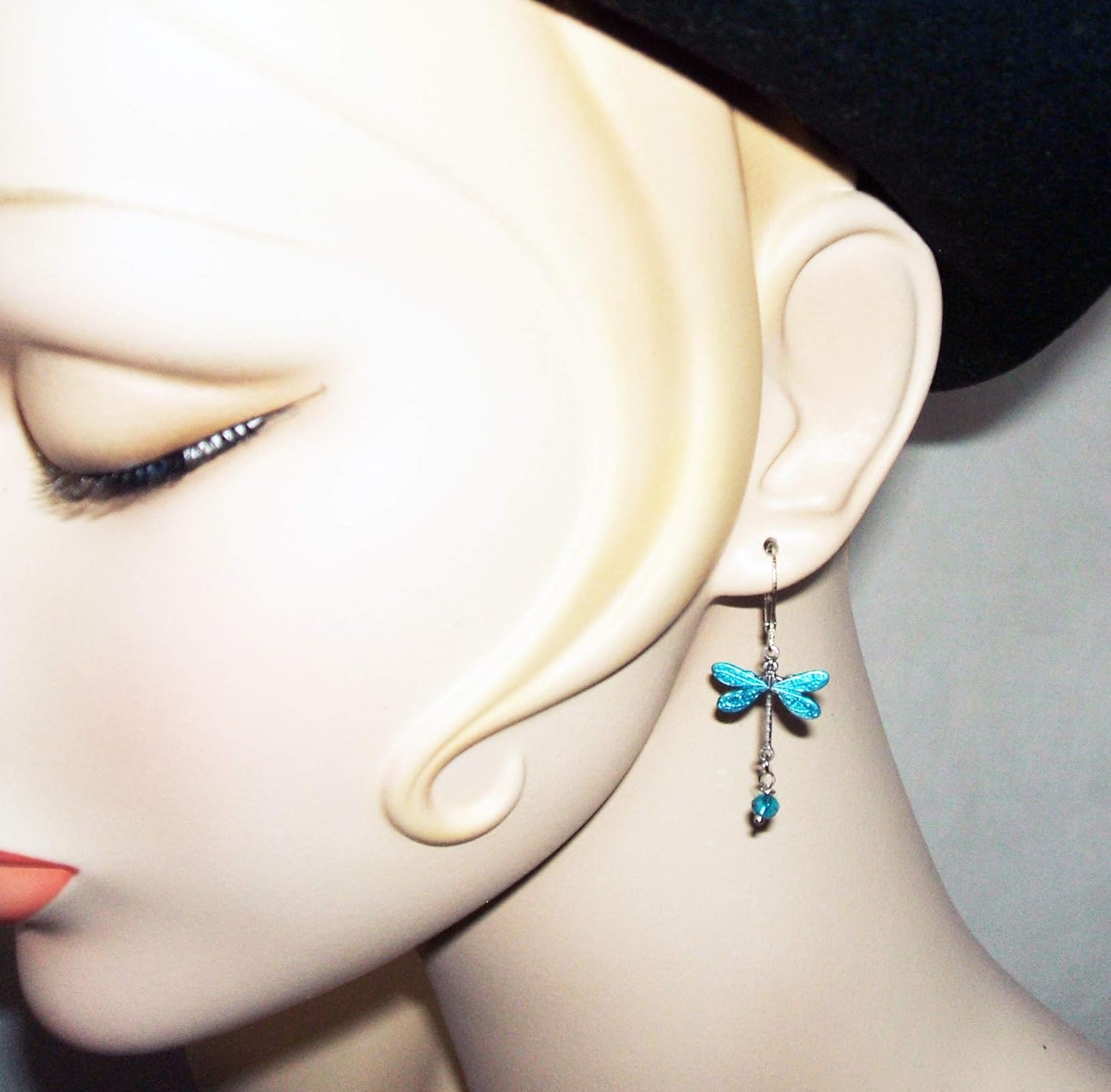 TEAL BLUE DRAGONFLY EARRINGS Silver Plated Dangle Drops Leverbacks