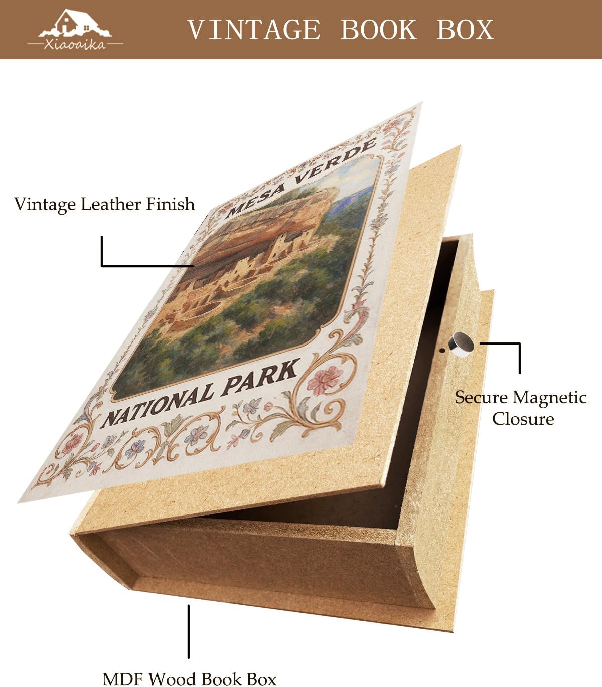 Decorative Wooden Book Box - Vintage Faux Book Boxes with National Park Design, Secret Storage with Magnetic Closure, Leather Cover, Perfect for Home Office Bookshelf (1 x Mesa Verde) image 3