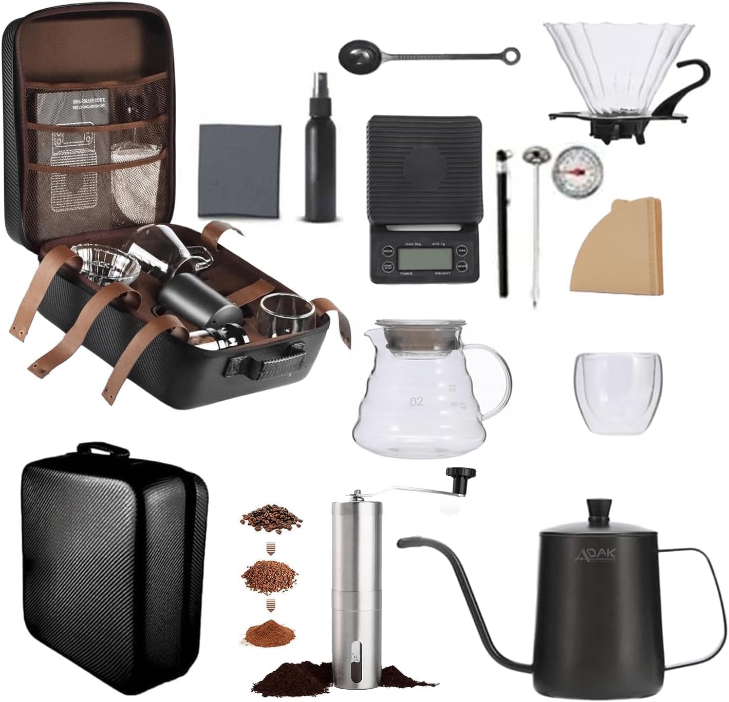 ADAK 12 In 1 V60 Coffee Kit | Pour Over Coffee Maker | Includes Coffee Scale, Glass Dripper, Hand Mill, Pour Pot, Paper Filter, and Double Mugs
