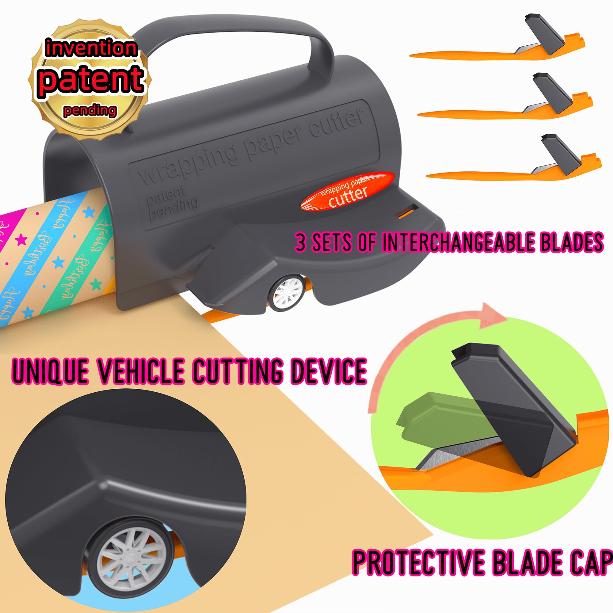 Coupe Papier Cadeau Rouleau,1 Pièces Coupe Papier D'emballage, avec 3 jeux de lames interchangeables,Wrapping Paper Gift Wrap Cutter, Pour les anniversaires, Noël et toutes sortes de fêtes