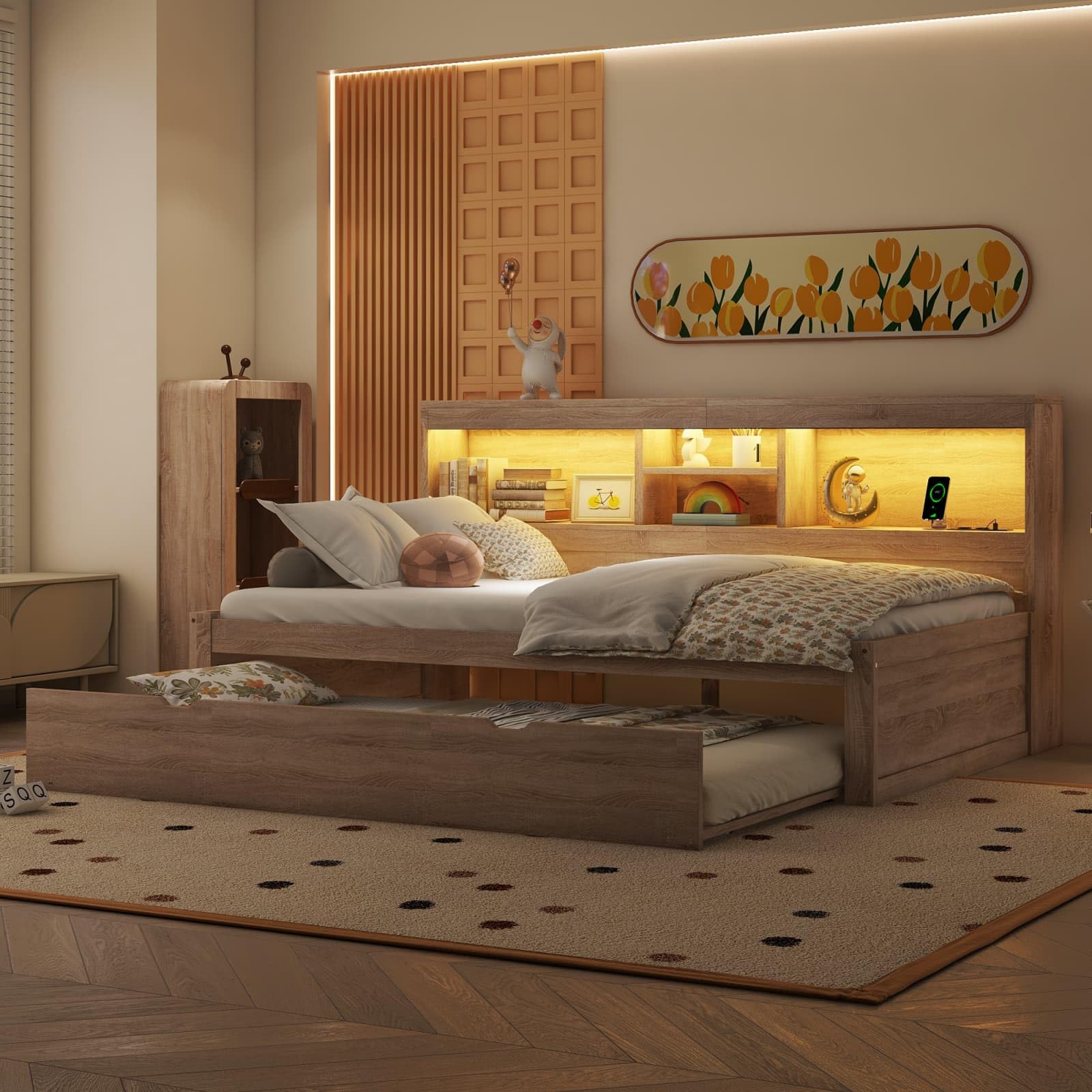 PUGSDRLY Canapé Lit 90x200cm avec lit gigogne 90x190cm,Canape lit 1 Places avec LED,USB et Prise électrique,Compartiment de Rangement Côté,sans Matelas (Nature, 90x200)