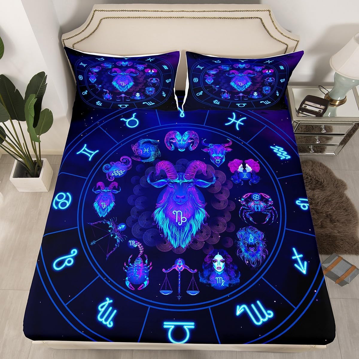 Erosebridal Zodiac Capricorn Bedding Sheet Set TwinXL Size,Constellation Fitted Sheet,Galaxy Theme Home Bedroom Decorative 2 Piece Bedding Set with 1 Pillow Sham,Soft Comfortable Gift