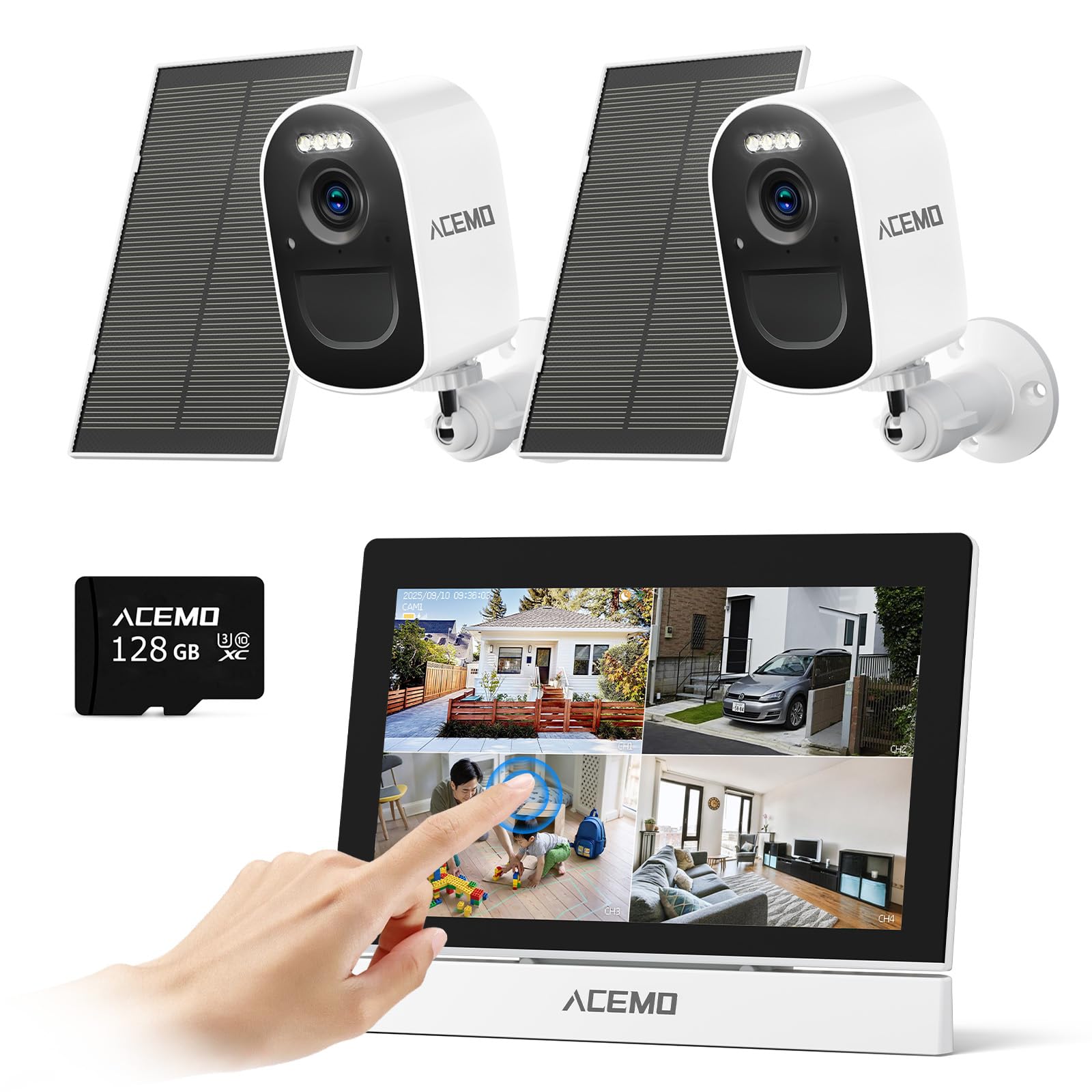 【タッチパネルモニター付き】ACEMO 防犯カメラ 屋外 ソーラー モニター付き 2台セット 400万画素
