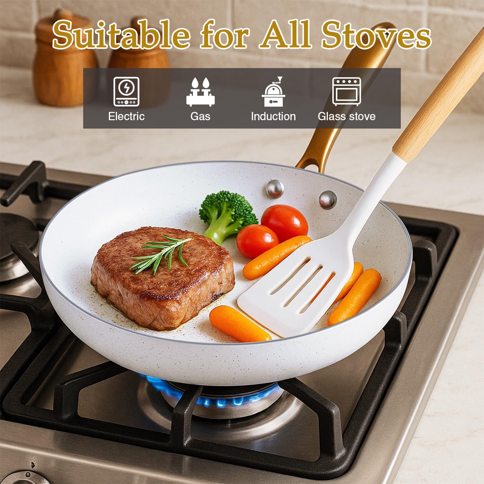 GFTIME Set di pentole e padelle antiaderenti, 18 pezzi, in ceramica di titanio, atossico (PFOS, PFOA), maniglie fresche, design salvaspazio, adatto a forno e lavastoviglie, set di pentole da cucina a