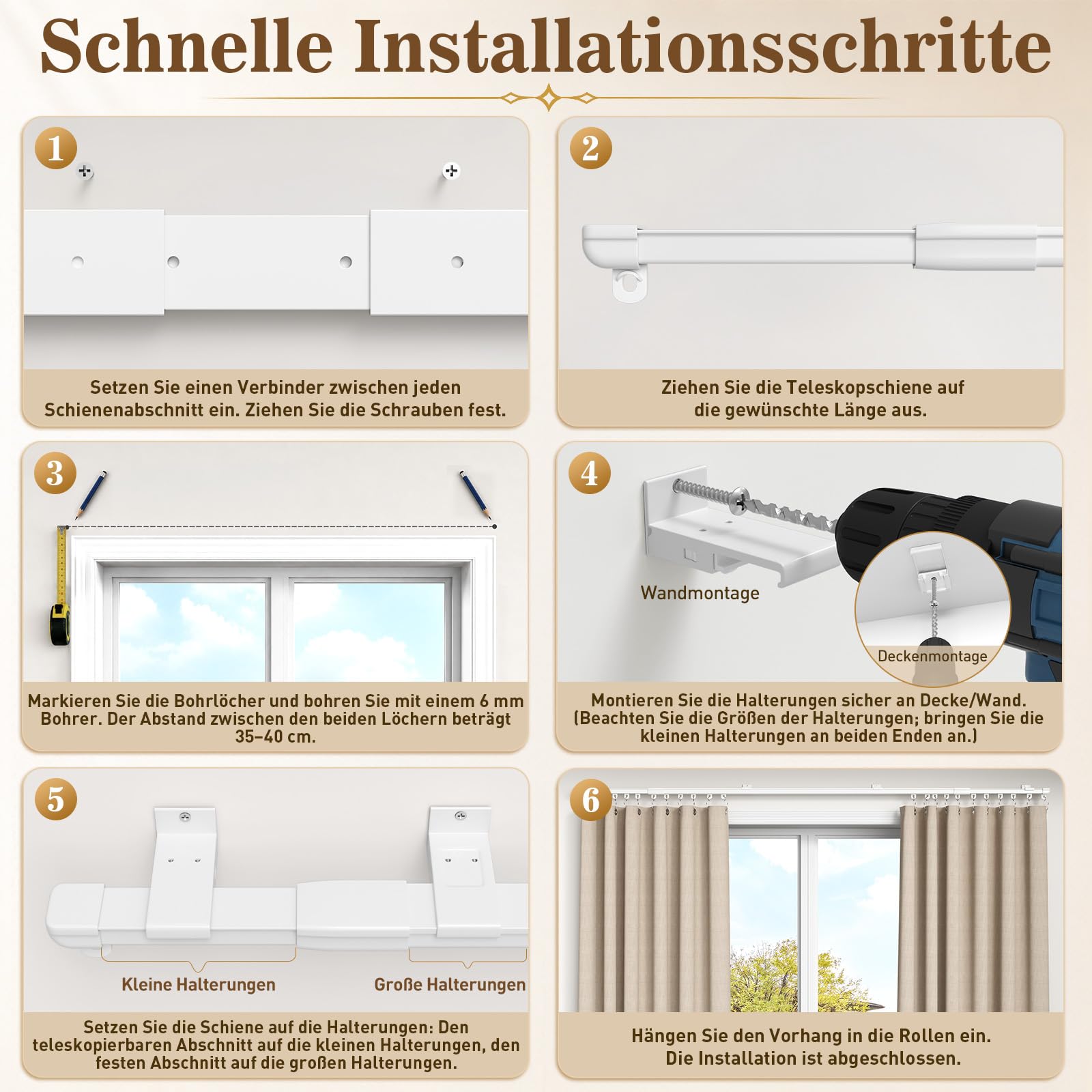 Gardinenschiene 1-läufig aus Aluminium, Teleskop 90‑275 cm Vorhangschiene weiß, Wand‑ und Deckenmontage, kein Sägen, für Wohnzimmer, Schlafzimmer, Balkon