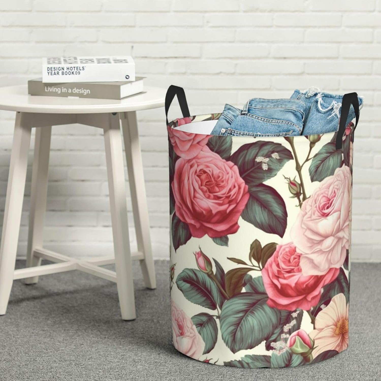Floral Flower Rose Pink Laundry Basket With Handles, Foldable Laundry Hamper Oxford Cloth Dirty Clothes Basket Waterproof Clothes Toys Storage Bin Organizer for Bedroom Bathroom Dorm