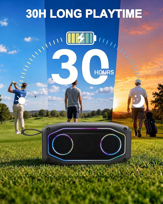 Qozybuds Magnetic Golf Speaker, 30W Portable Bluetooth 6.0 Golf Cart Speaker, IPX6 Waterproof, 30H Playtime, TWS Stereo, RGB Light, Shockproof Outdoor Speaker for Golf, Camping & Gifts