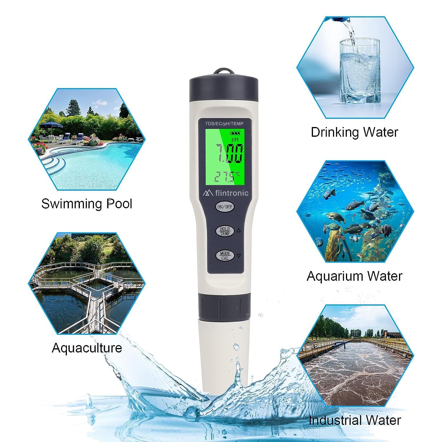 flintronic 4-In-1 PH Messgerät, PH/TDS/EC Temperatur Tester mit Hintergrundbeleuchtung, 0-14 pH-Messbereich-±0,1 pH-Genauigkeit, PH Wert Messgerät Pool Trinkwasser Schwimmbad Aquarium