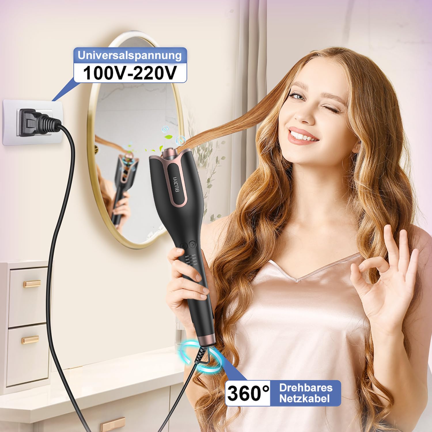 Lockenstab Automatisch, 4 Temperatureinstellungen für Alle Haartypen, 3 Heizzeiten für Vielfältiges Styling, Professioneller Styling Lockenstab (tiefes Schwarz)