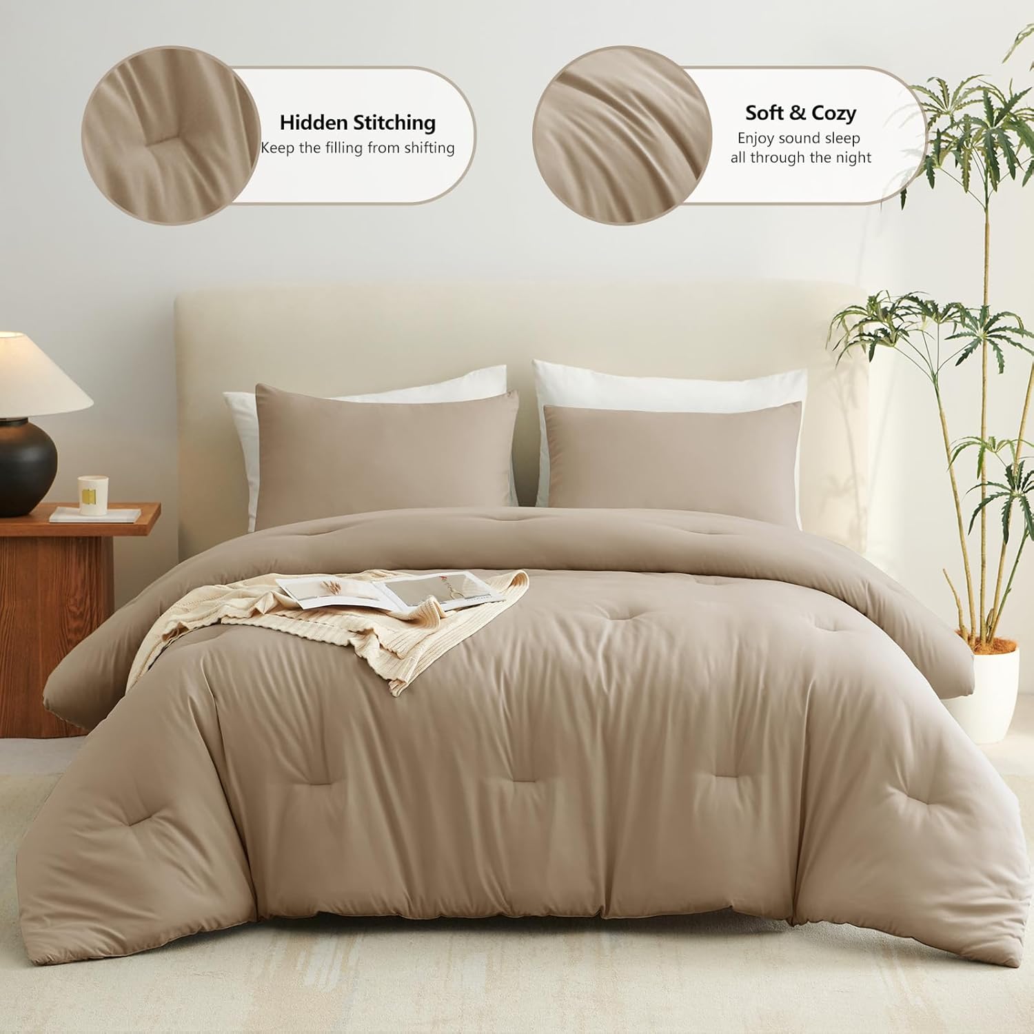 cozylux king size comforter set taupe, 3 pieces solid breathable quilted style bedding sets all season, luxury soft microfiber down alternative comforter bed set (1 comforter & 2 pillowcases) taupe king
