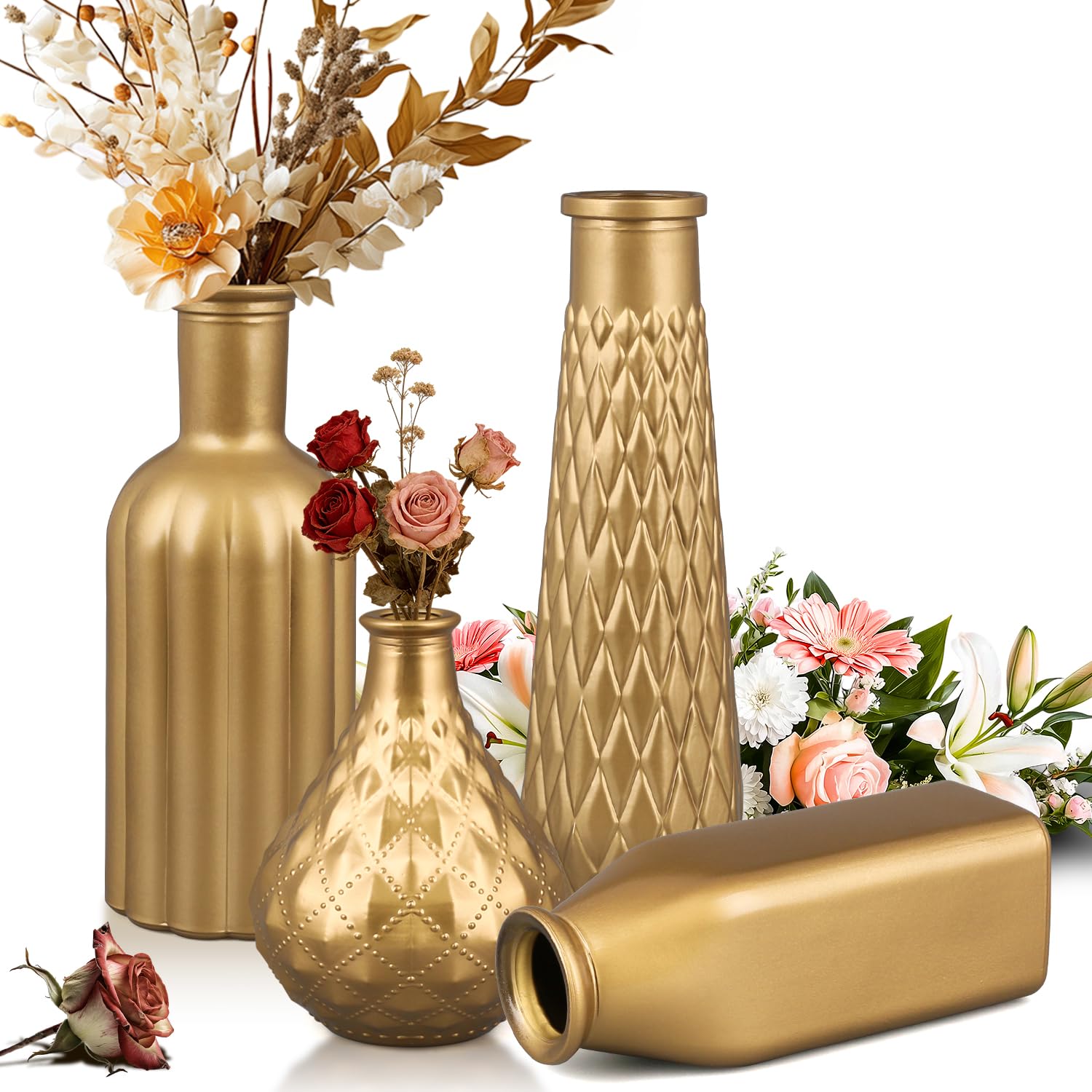 Pequeños jarrones dorados vintage de cristal para regalar en bodas y centros de mesa creativos