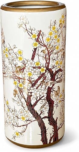 Ceramic Umbrella Stand for Entryway, Decorative Indoor Umbrella Holder with Gold Rim, Floor Vase Cane & Walking Stick Holder for Foyer Hallway Home Decor(Plum Blossom)