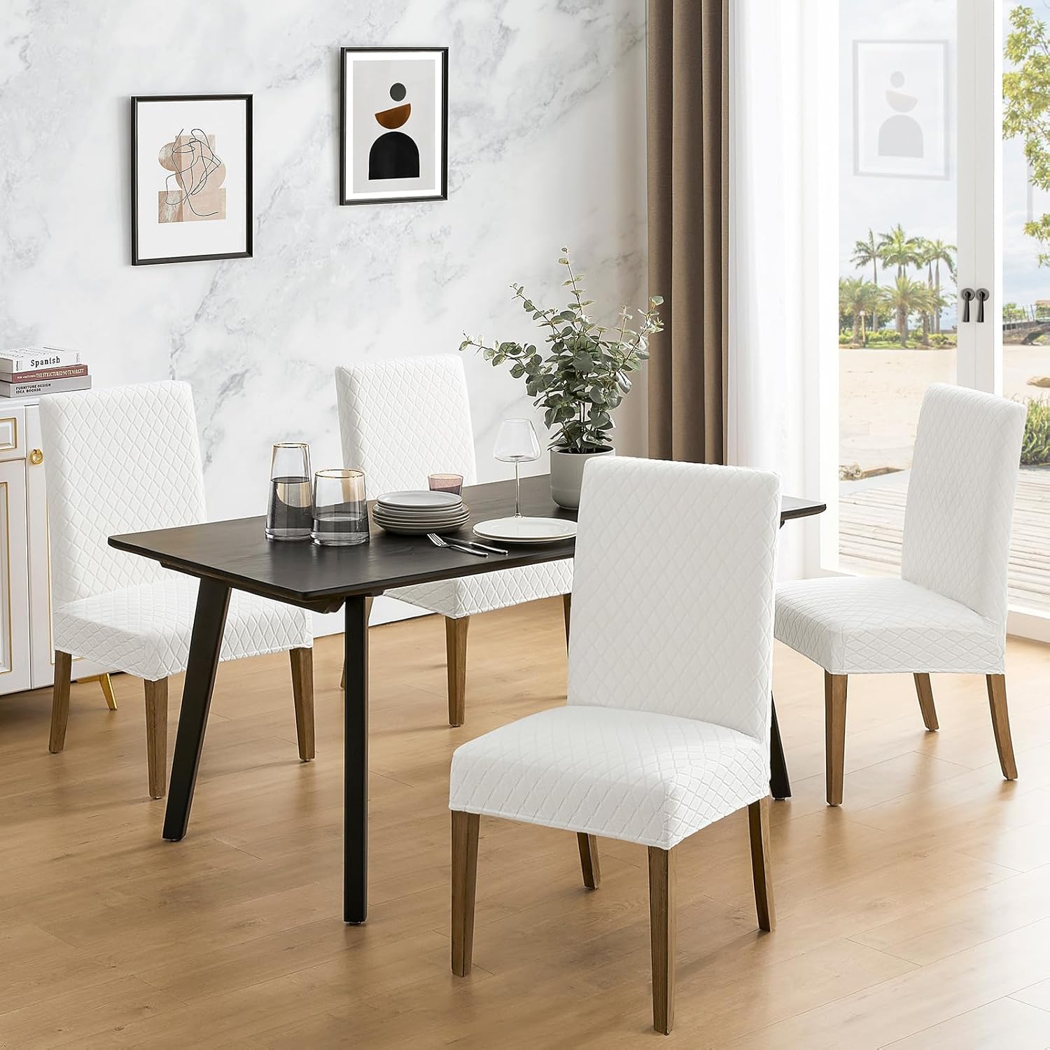 MOSAYT 100% Waterproof Dining Room Chair Covers Set of 6, Super Fit Stretch Jacquard Parson Chairs Slipcovers Removable Washable Chair Seat Protectors for Home, Kitchen, Banquet (White)