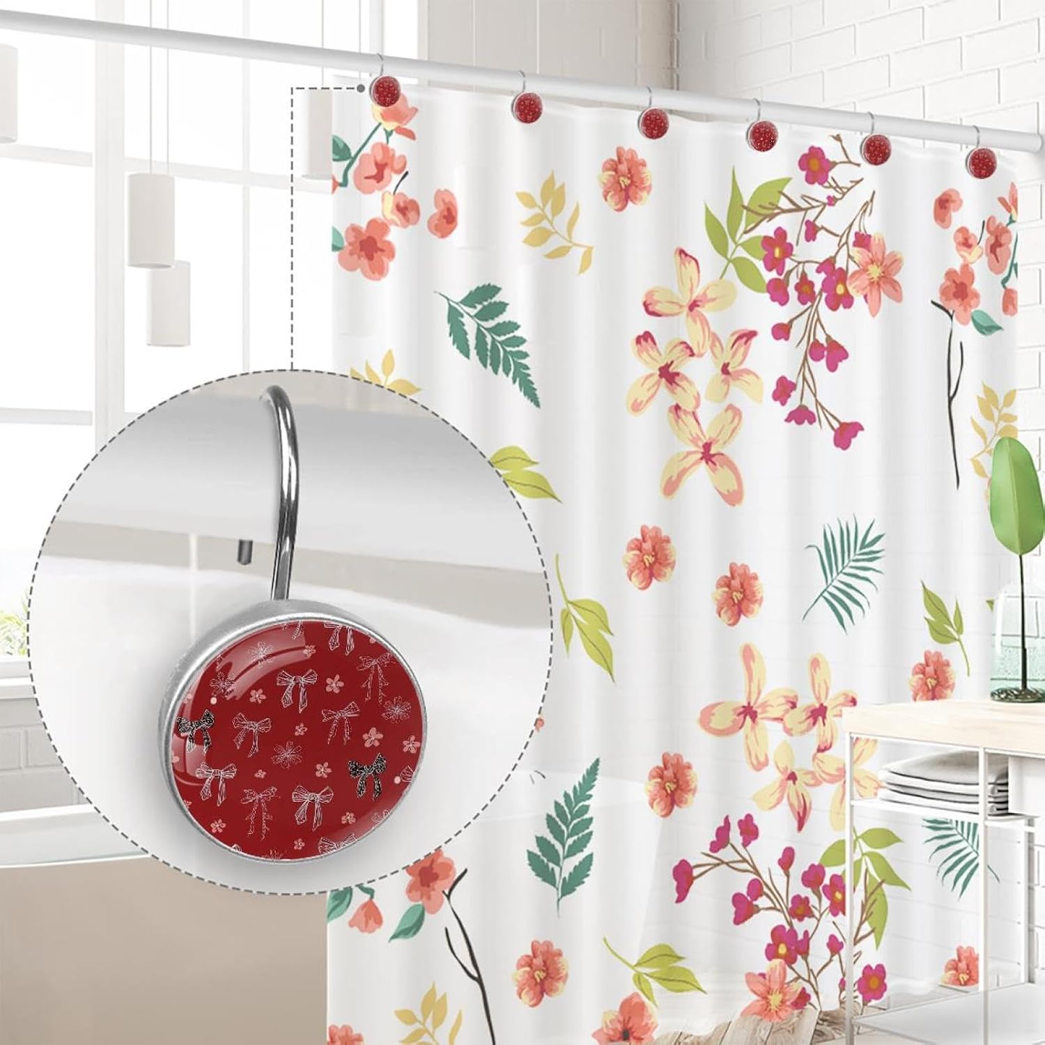 Set of 12 Bows and Flowers (3) Shower Curtain Hooks, Stainless Steel Shower Hangers for Bathroom, Rustproof Decorative Shower Rings for Bedroom Living Room Shower Curtain Rod