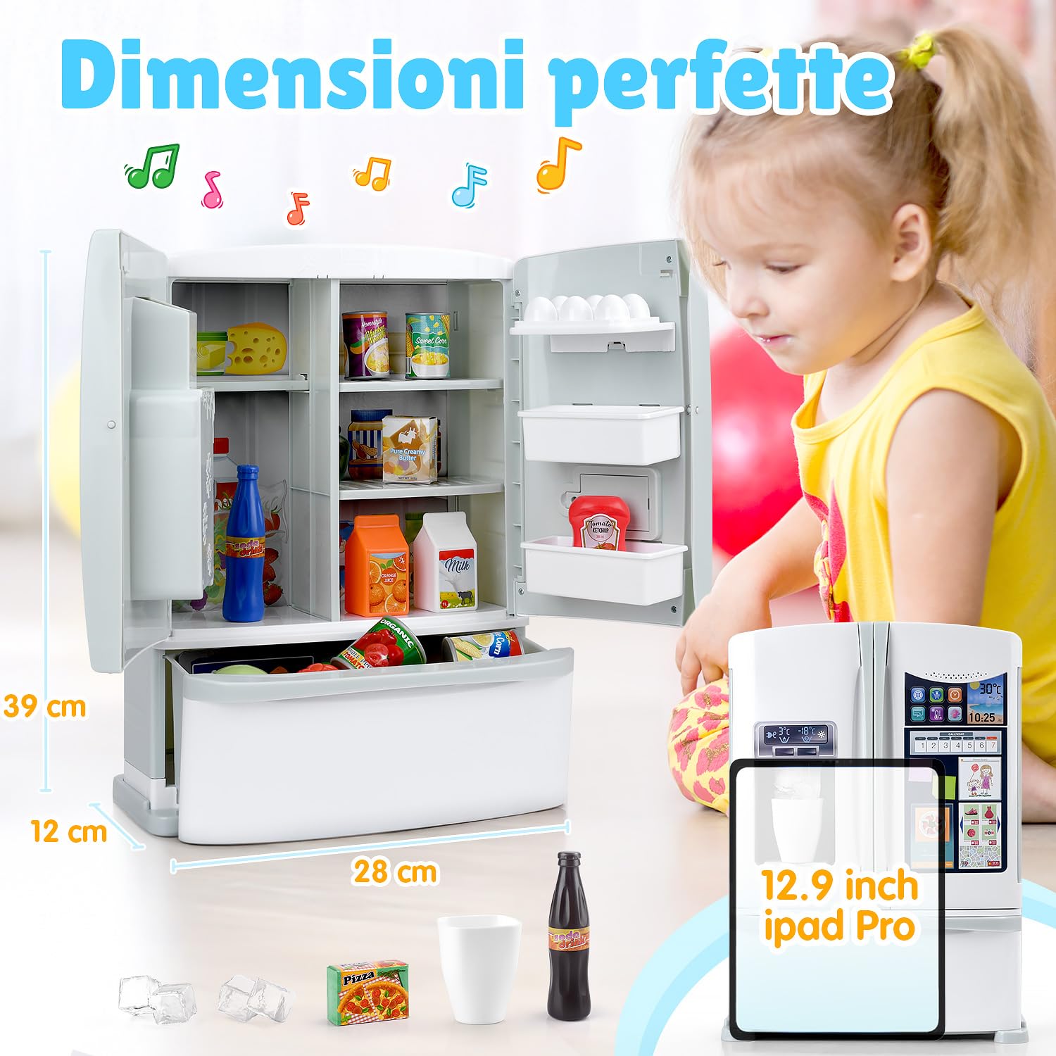 PLAY Frigorifero Giocattolo, Accessori Cucina con Frigo Giocattolo, Giocattoli Alimentari, Cubetti di Ghiaccio, Effetti Sonori Realistici, Set di Cucina Giocattolo per Bambini da 3+ Anni - Bianco