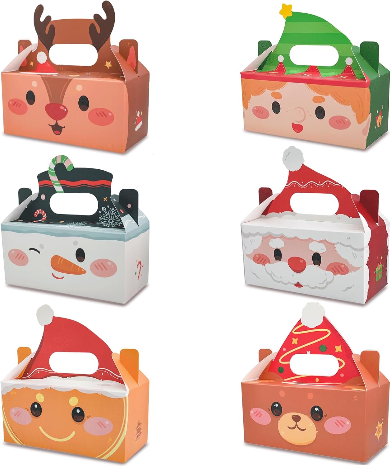yunhuatdm 24PCS Christmas Treat Boxes with Handle, Snowman Santa Elf Reindeer Bear Candy Cookie Goodie Gift Party Favor Boxes for Christmas Winter Holiday Party Decorations Supplies, 6 Designs