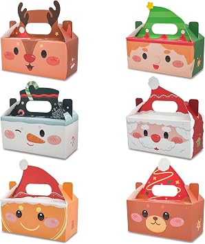 yunhuatdm 24PCS Christmas Treat Boxes with Handle, Snowman Santa Elf Reindeer Bear Candy Cookie Goodie Gift Party Favor Boxes for Christmas Winter Holiday Party Decorations Supplies, 6 Designs