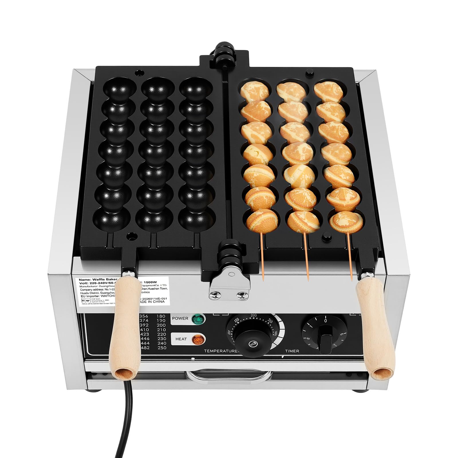Máquina de gofres profesional de 1500W de acero inoxidable con indicador LED de temperatura ajustable 50-300°C,para la fabricación de panqueques, muffins y gofres