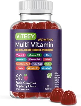 Viteey Womens Multivitamin Gummies - Immune Support - Raspberry Flavored | 12 in 1 Essential Vitamins & Minerals - Vitamin A, C, D3, E, B6, B12, Folic Acid, Biotin, Calcium, Zinc & More - Vegetarian