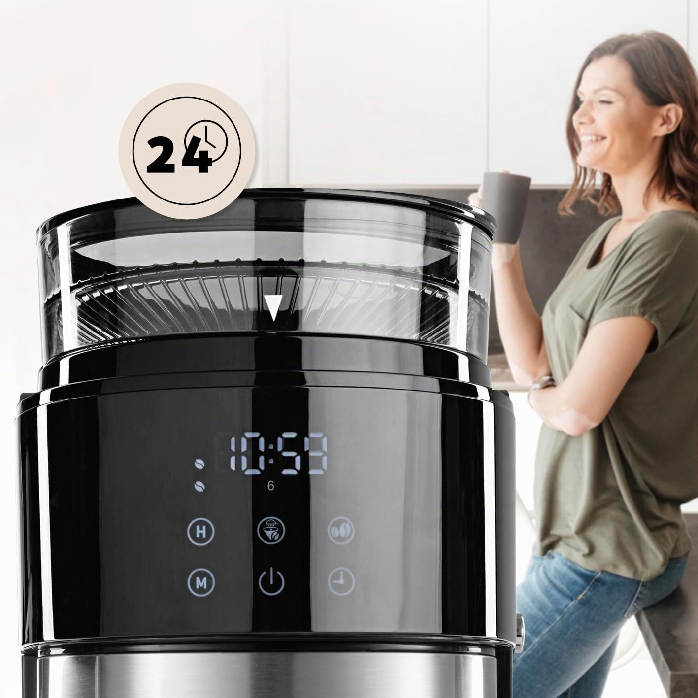 Barista - Macchina da caffè con display touch digitale, 800 W, con macina + caraffa termica