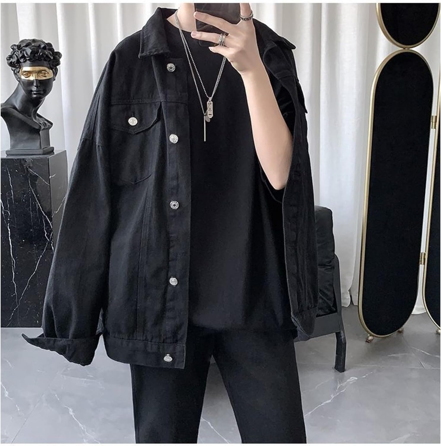 Men Trendy Loose Button Denim Jacket Classic Side Seam Pocket Insertion Jean Jacket Spring Outdoor Casual Lapel Outerwear