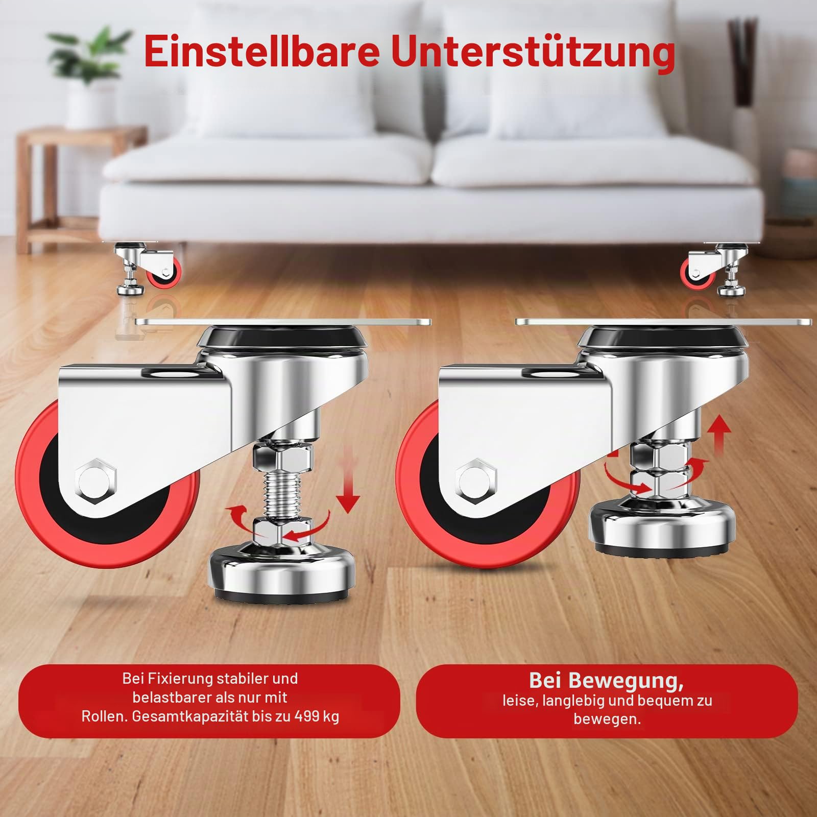 5,1 cm Nivellierplattenrollen mit verstellbarem Anti-Vibrations-Nivellierfußpolster, robuste Lenkrollen für Werkbank, Maschinenausrüstung, Möbel, Rot, 4 Stück, Gesamtkapazität 500 kg