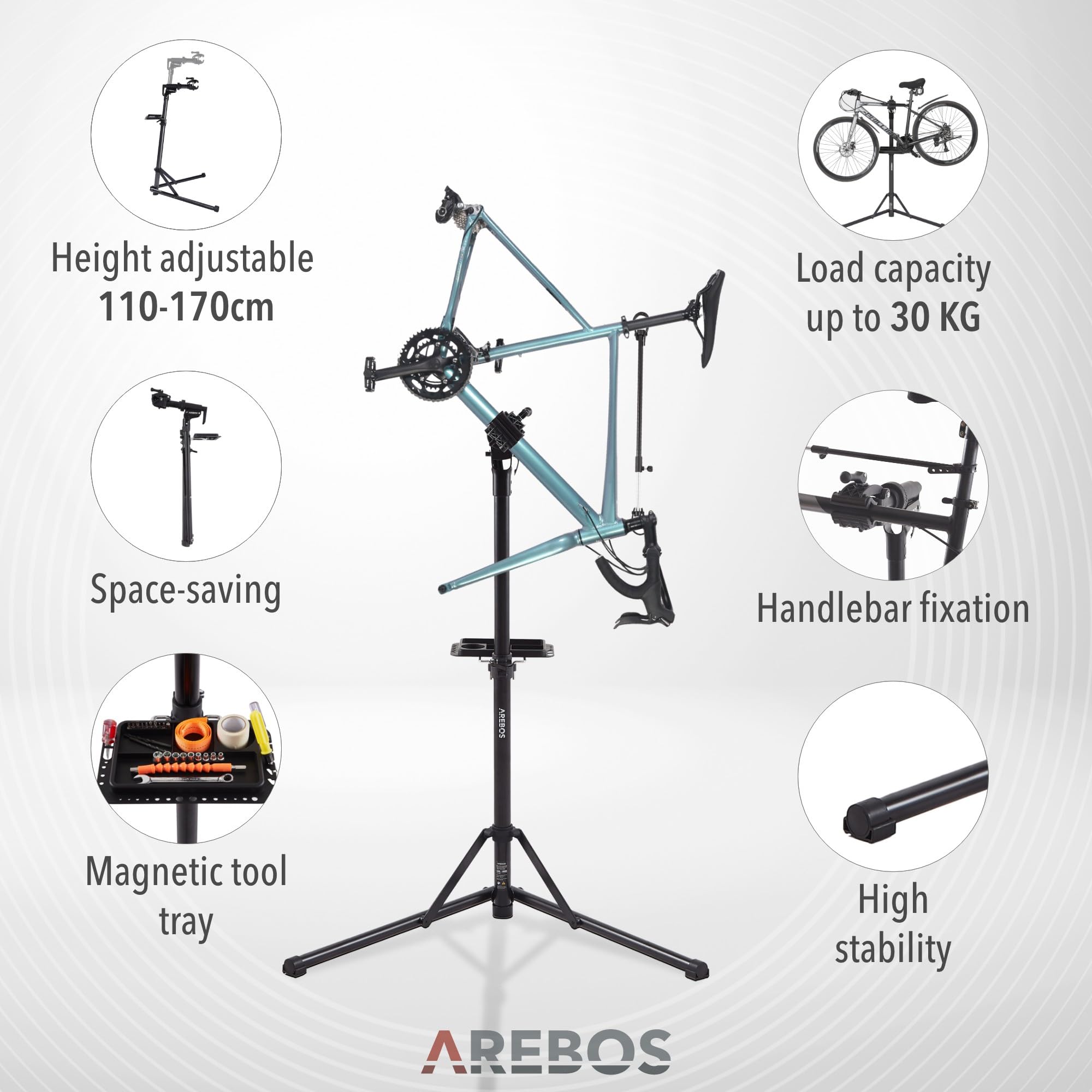Arebos Stojak montażowy do rowerów z aluminium – profesjonalny stojak naprawczy do elektrycznych, górskich i rowerów, obracany o 360°, z torbą i szybkim zwalnianiem