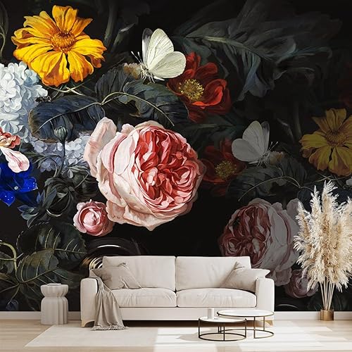 Mural vintage de flores negras para dormitorio, peonía floral, decoración de habitación, sala de estar, fondo de televisión, mural de pared grande -