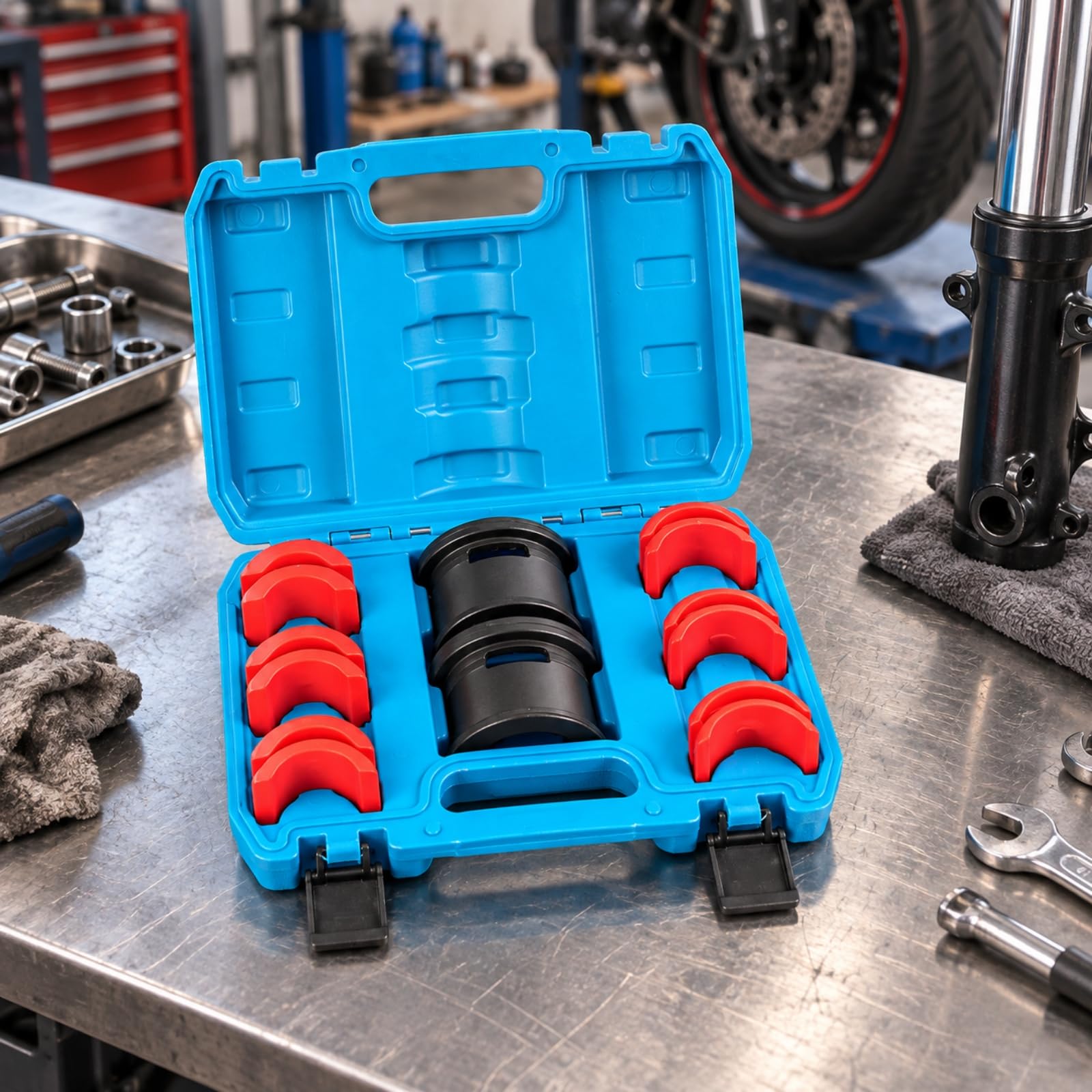 14 Stück Motorrad-Gabelöl-Dichtring Montagewerkzeug-Set mit Nylonadaptern Werkzeugsatz mit Nylon-Adaptern Größenverstellbar für Heimwerker, Heimgarage