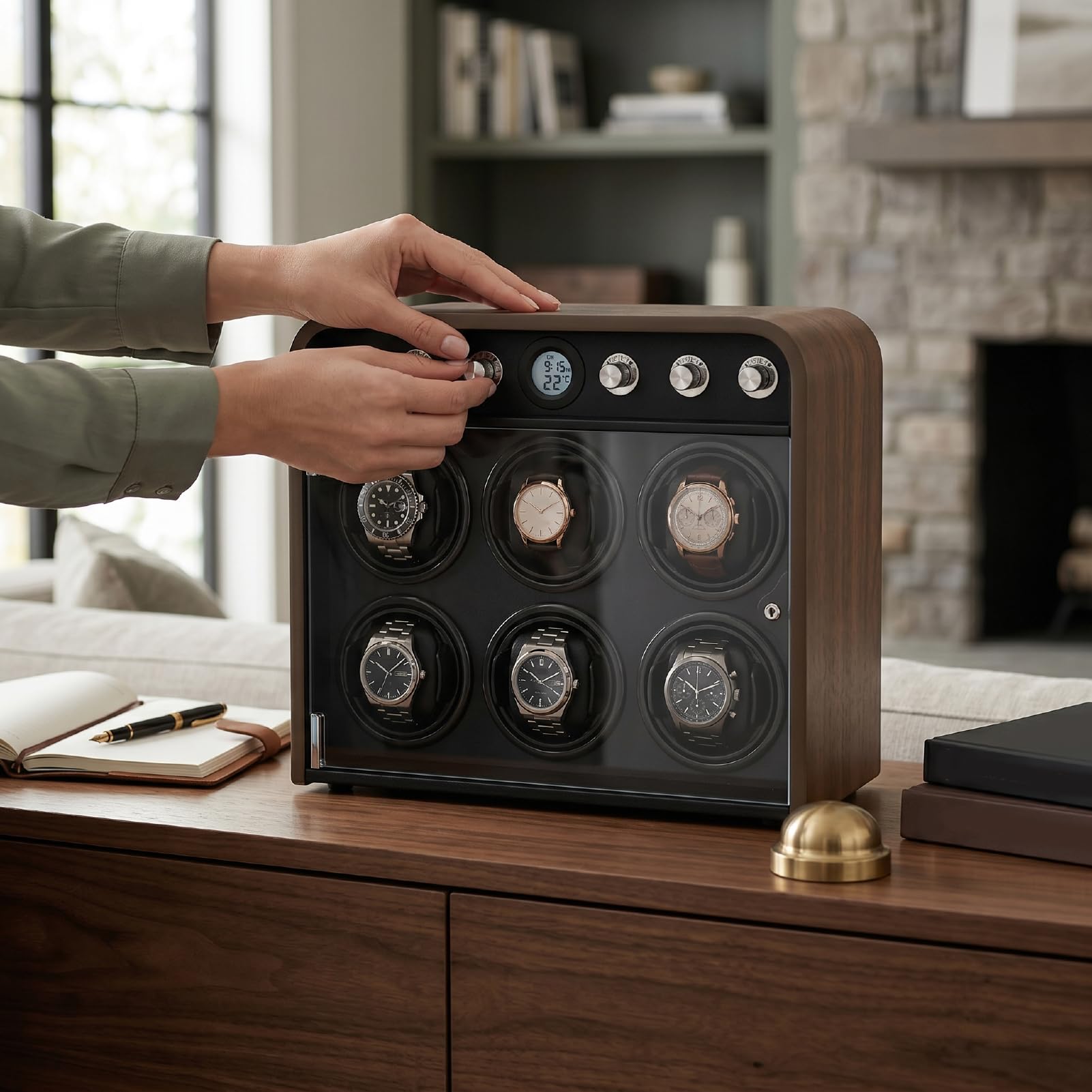 VGEBY Uhrenbeweger, Automatischer Uhrenbeweger mit Gehäuse aus Faserdichteplatine, 5 Modi, LED-Leuchten und 6 Bedienknöpfen für Automatische Uhren, Sammler-Home-Display