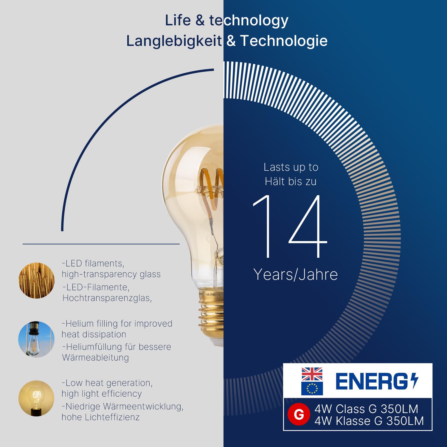 FLSNT Żarówka Edison z możliwością ściemniania A60 Edison E27 w stylu vintage, spirala LED, 4 W, zamiennik żarówki 25 W, 2700 K, ciepła biel, szkło bursztynowe, 4 sztuki