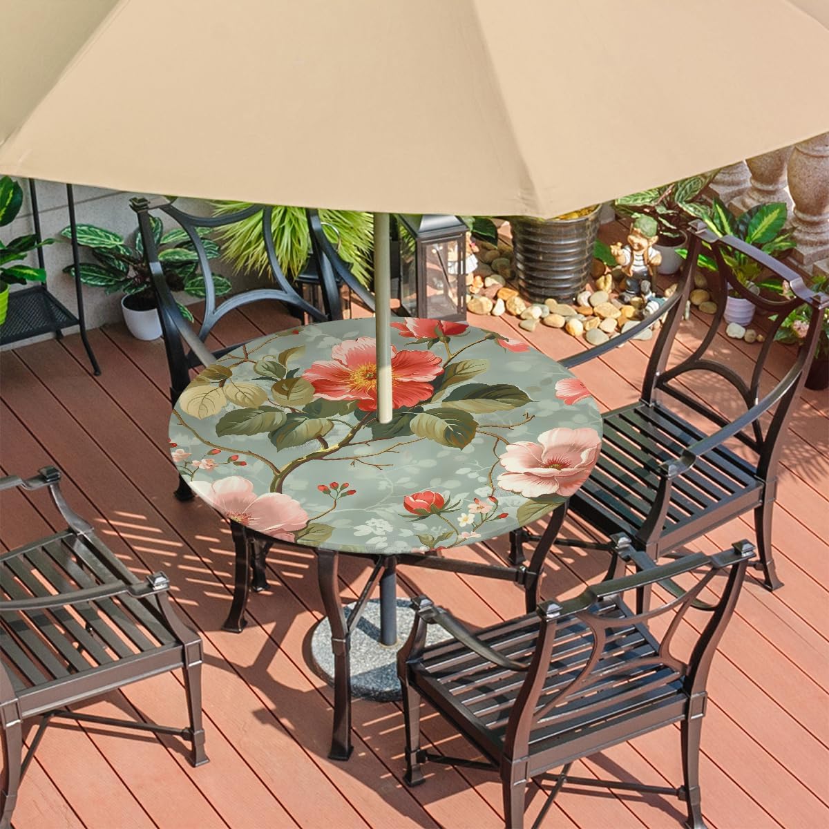 Pardick Round Outdoor Tablecloth with Umbrella Hole Elegant Ethnic Flower Round Fitted Table Cloth Waterproof Umbrella Tablecloth with Zipper Elastic Outdoor Patio Table Cover, Fits 45"-56" Tables