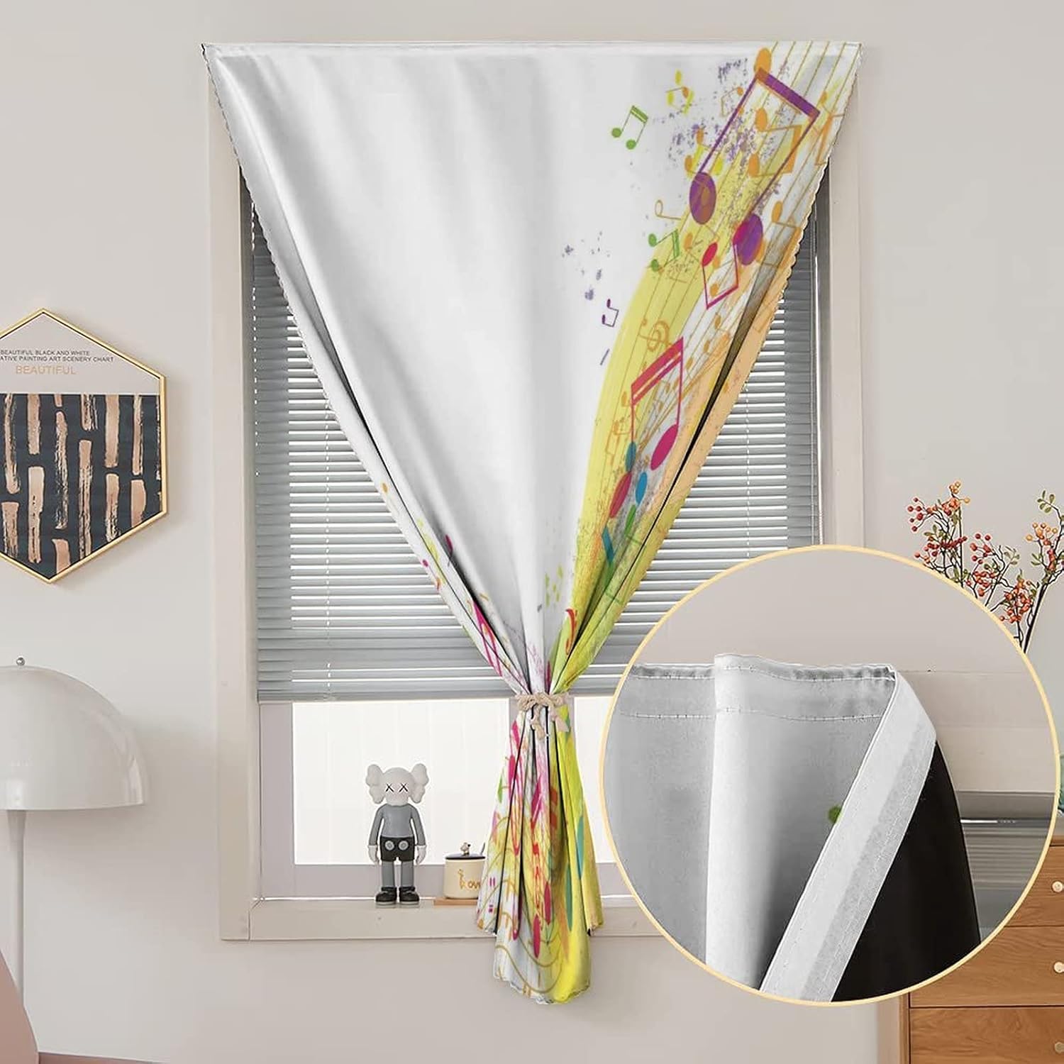 Self Adhesive Portable Blackout Curtains, Music Decor Room Darkening Curtains, Abstract Grunge Music Themed Notes Cheerful Modern Print Temporary Blackout Blinds,47W x63L Inches, for Bathroom Bedroom