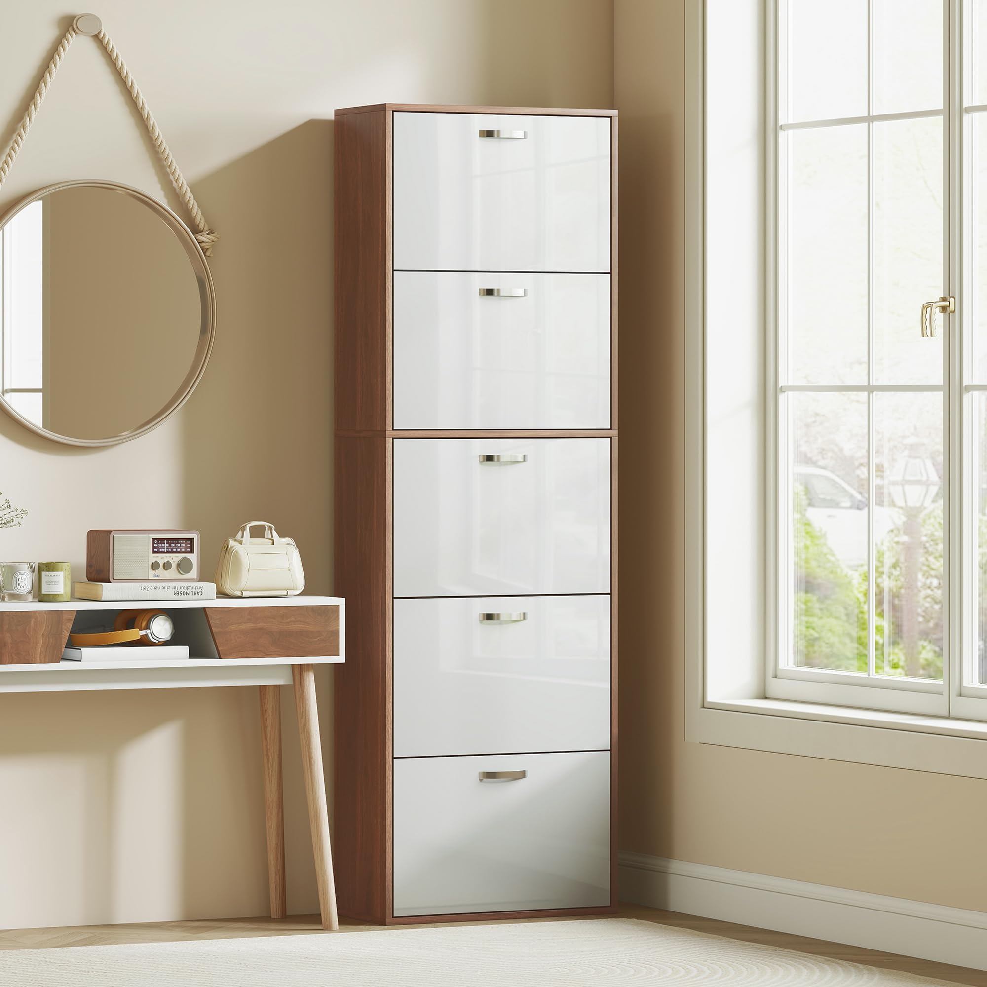 HOMCOM Scarpiera Slim Salvaspazio a 5 Livelli per 30 Paia max con 2 Ripiani per Livello, Mobile Portascarpe in MDF, 60x28x189 cm, Bianco e Marrone