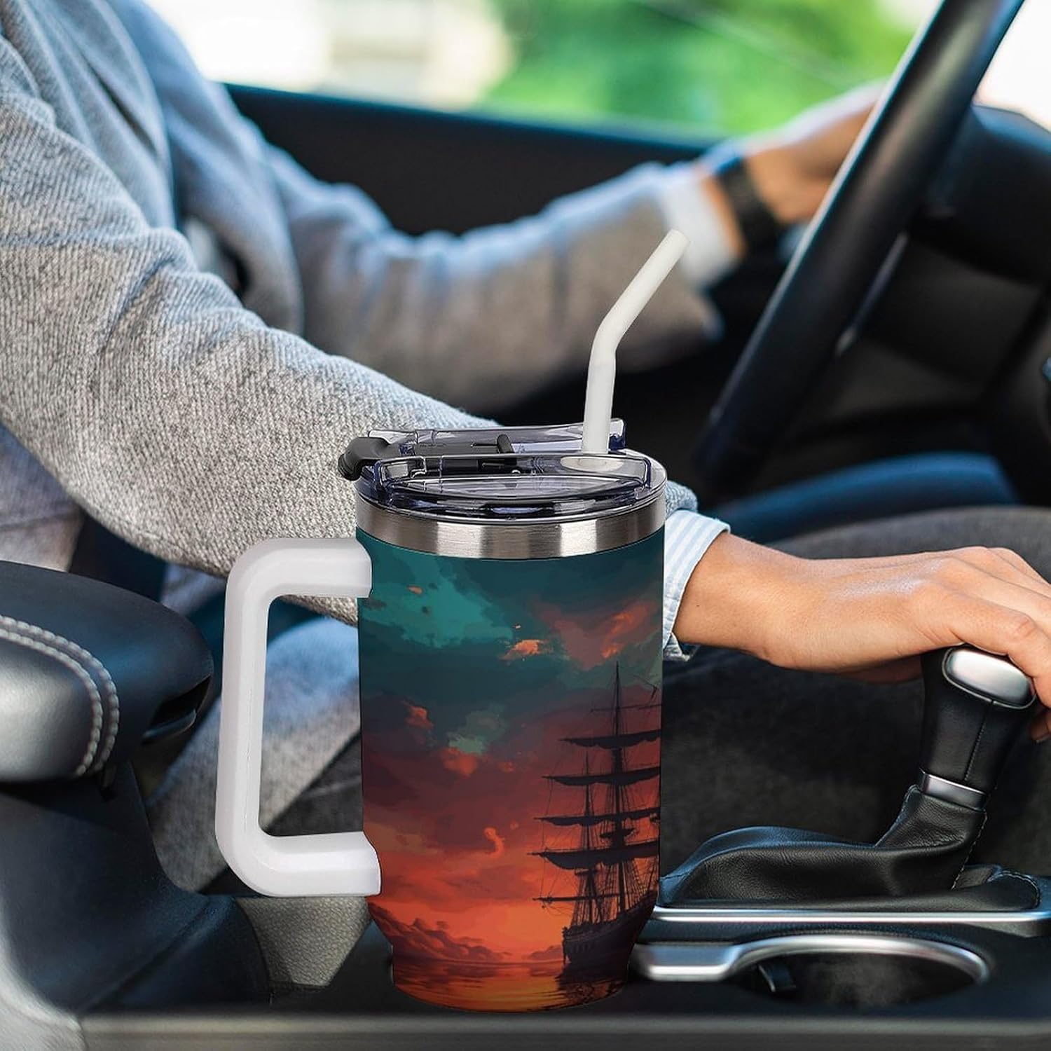 A Sailing Boat on The Water Travel Coffee Mug Reusable Durable Stainless Steel Insulated Tumbler with Handle And Straw Leak Resistant Portable Thermal Cup Gifts for Men Women 40 Oz