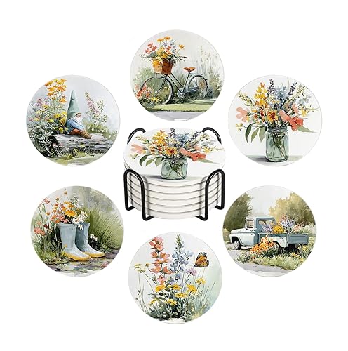 Spring Drink Absorbent Coasters with Holder Set of 6, Ceramic