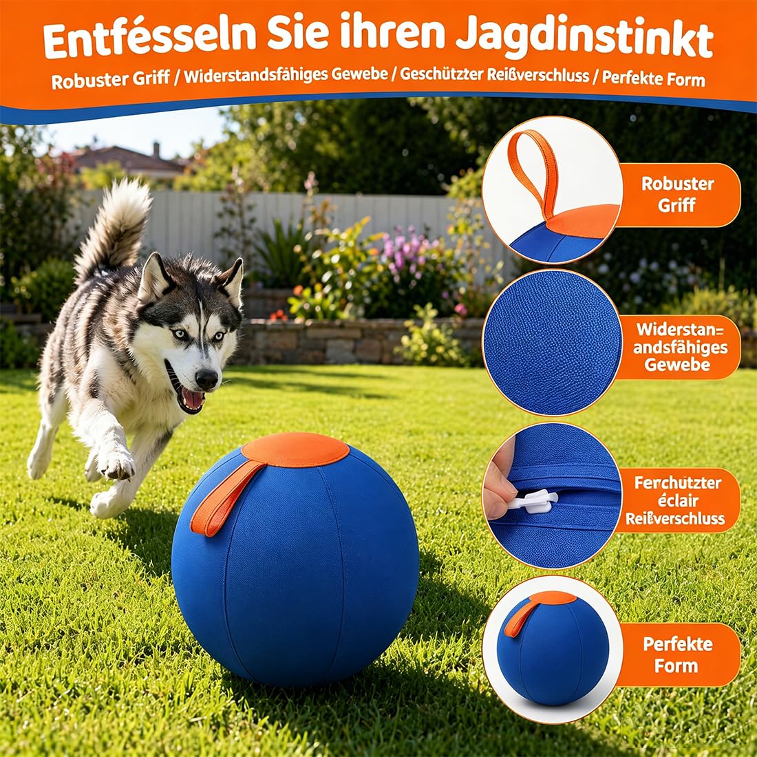 Treibball für Hunde – 45/65 cm Aufblasbarer Bissfester Herding Ball mit Tragegriff, Reißfestes Interaktives Hundespielzeug für Hütehunde & Große Rassen, Training und Auslauf (B, 65CM)