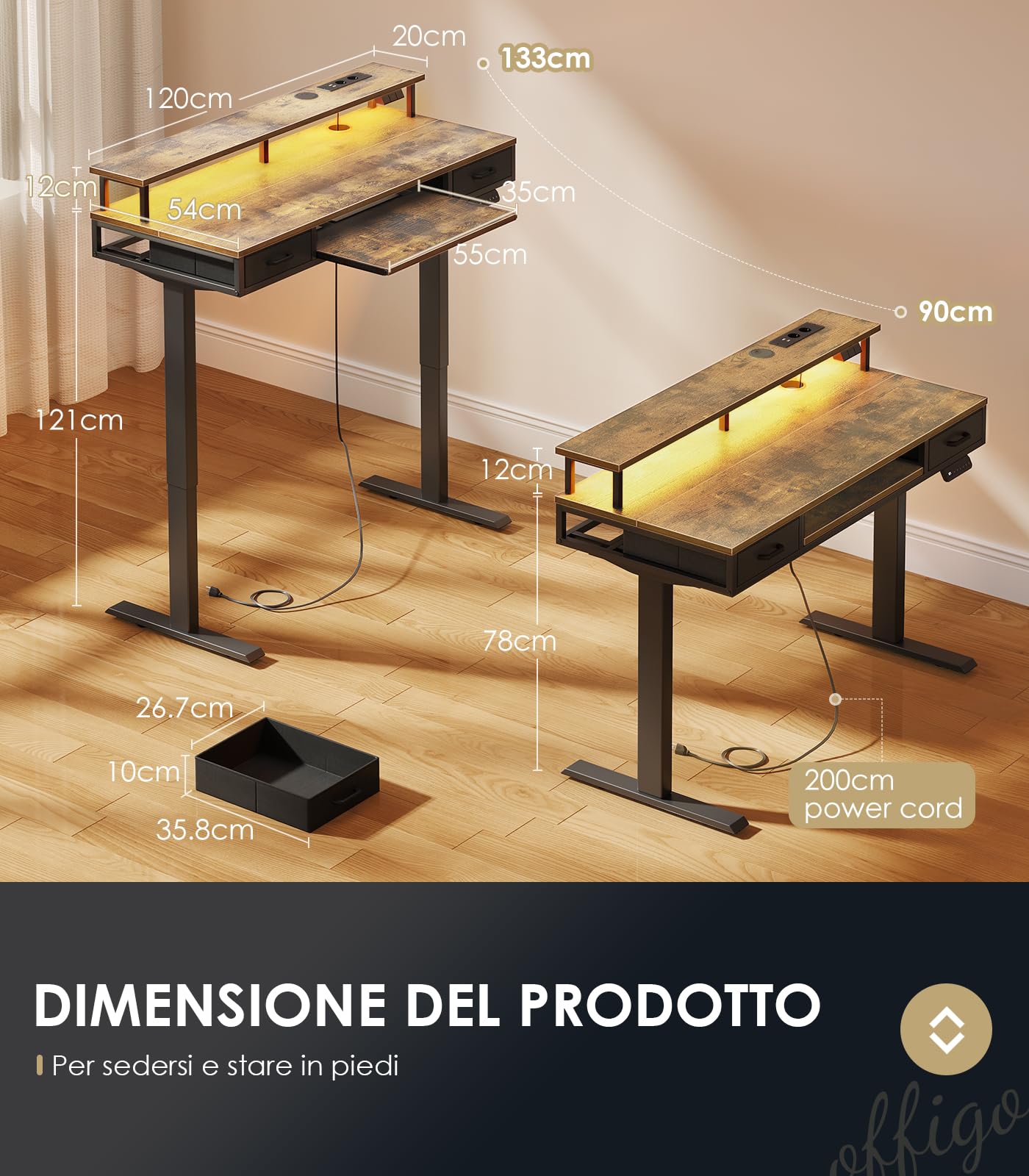 OffiGo Scrivania regolabile in altezza con cassetti, 120 cm, scrivania elettrica con ripiano per tastiera, scrivania per computer con supporto per monitor, Prese e LED Luce, Marrone