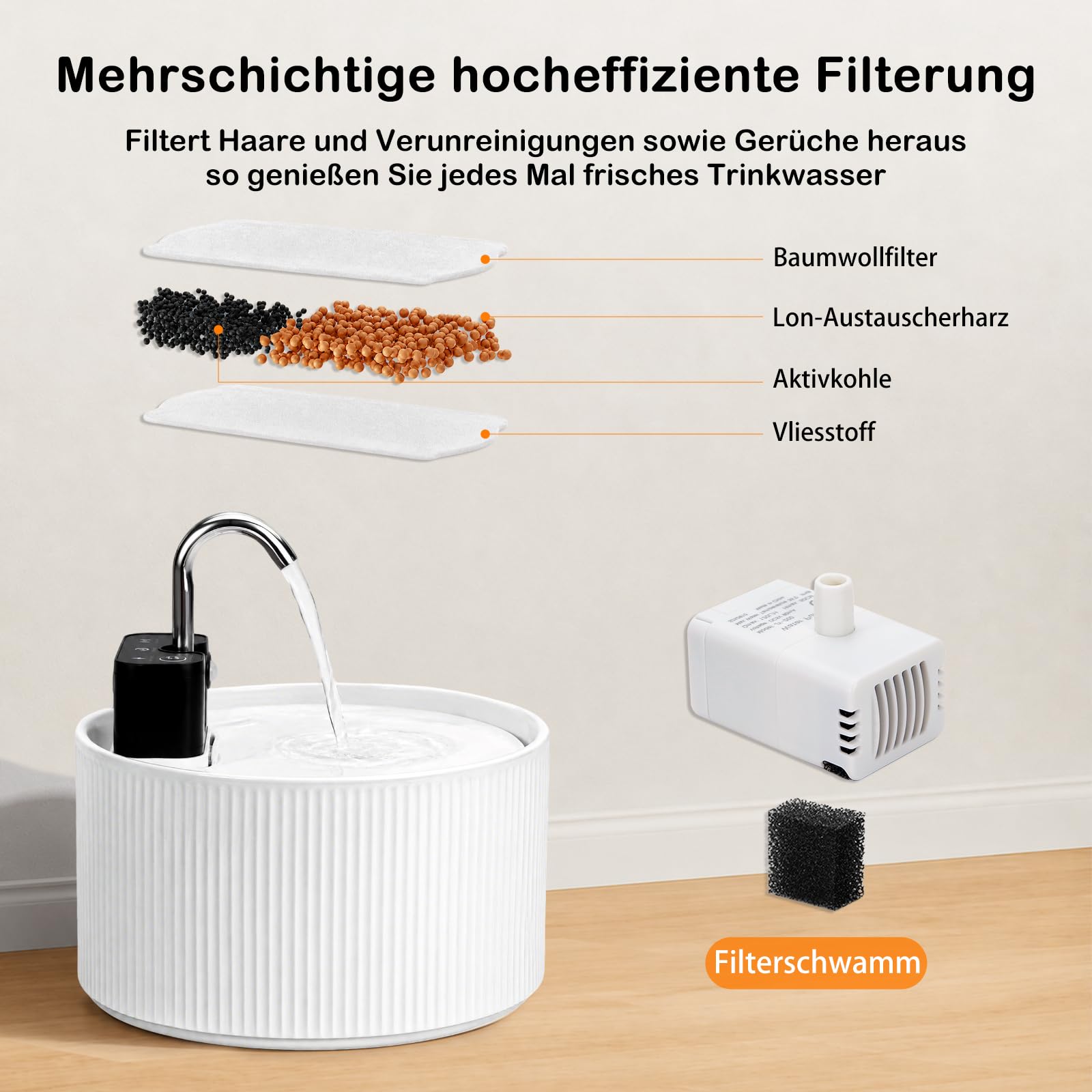 Katzenbrunnen Kabellos Keramik, 2,2L Trinkbrunnen für Katzen Keramik, Leise Katzenbrunnen Bewegungsmelde, Automatischer Wasserspender für Katzen und Hunde mit Filtersystem, 4200mAh Akku, Weiß