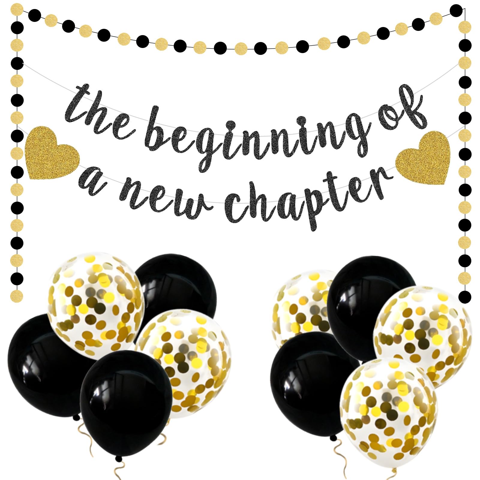 The Beginning of a New Chapter Banner Black Gold Glitter Hanging Garland Kit with Balloons Bunting Backdrop for Farewell Graduation Away Happy Retirement Party