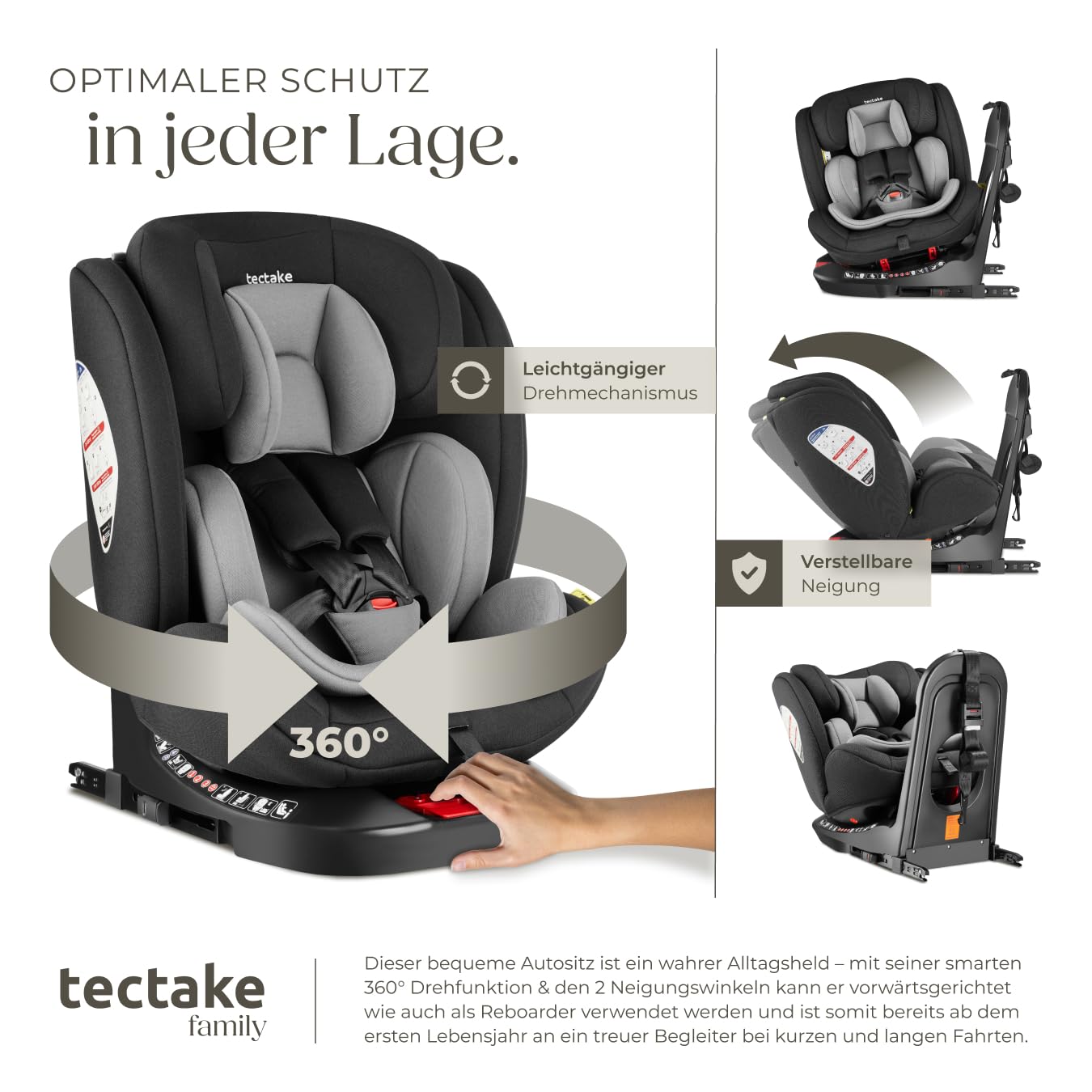 tectake® Kindersitz drehbar für Kinder von 40-150 cm, Kindersitz Isofix, i-Size (ECE R129), Autokindersitz bis 36 kg, 360° drehbar, Autositz Befestigung mit 5-Punkt Sicherheitsgurt und Top Tether