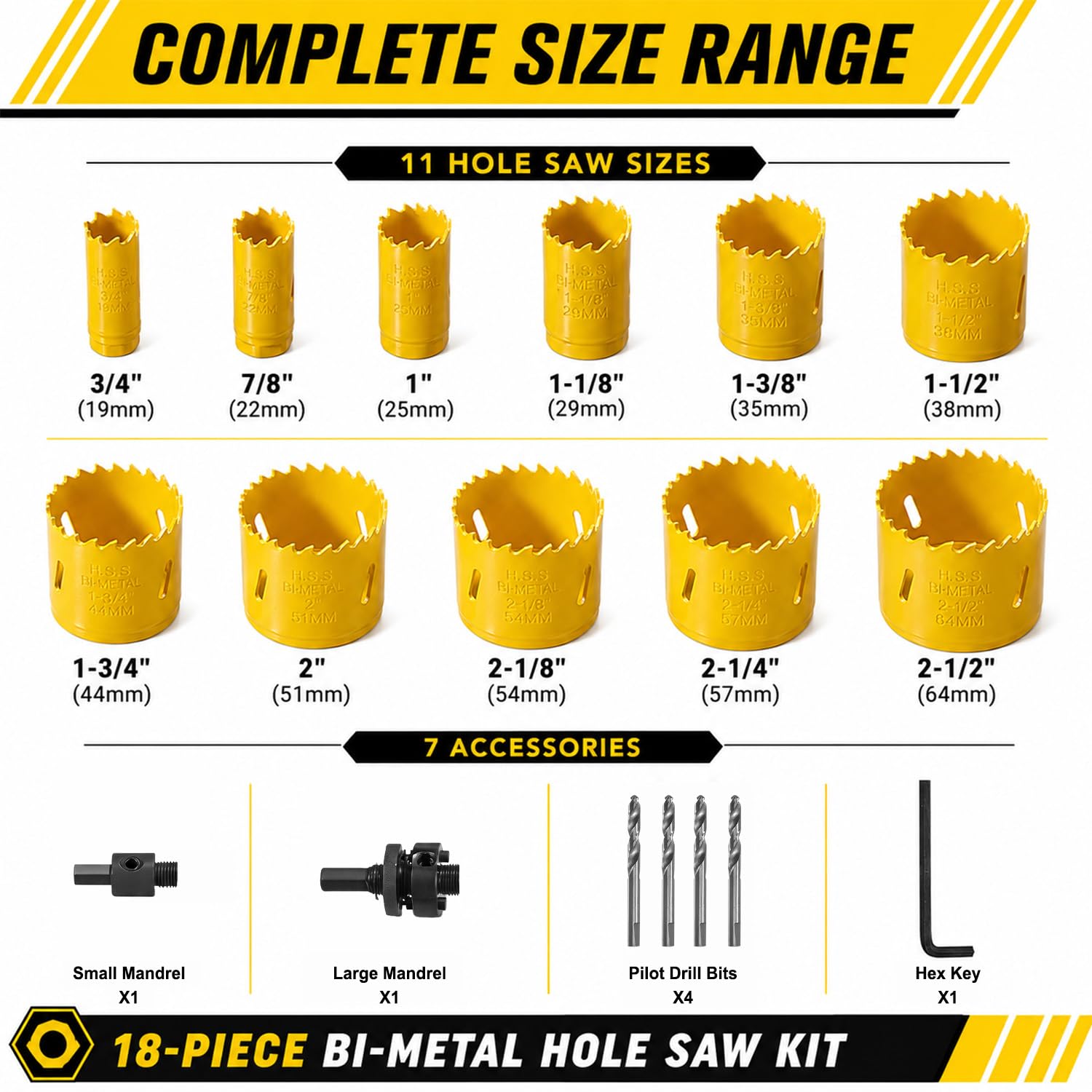 KATA Kit per sega a tazza bimetallica, 18 pezzi, M42, in acciaio ad alta velocità, con 19-64 mm, 11 lame per sega a tazza in custodia con mandrini, punta da trapano, chiave esagonale per metallo