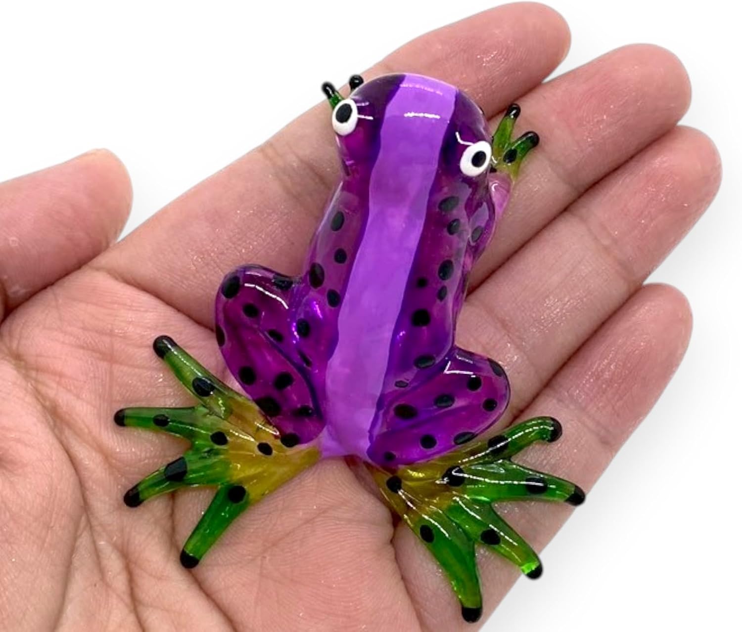 ChangThai Design 2¼" Purple Green Black Dotted Frog Amphibian Artistic Blown Glass Figurine Premium Statue Tabletop Decoration Unique Collectible for Adult Collectors Handcrafted Elegant Home Decor
