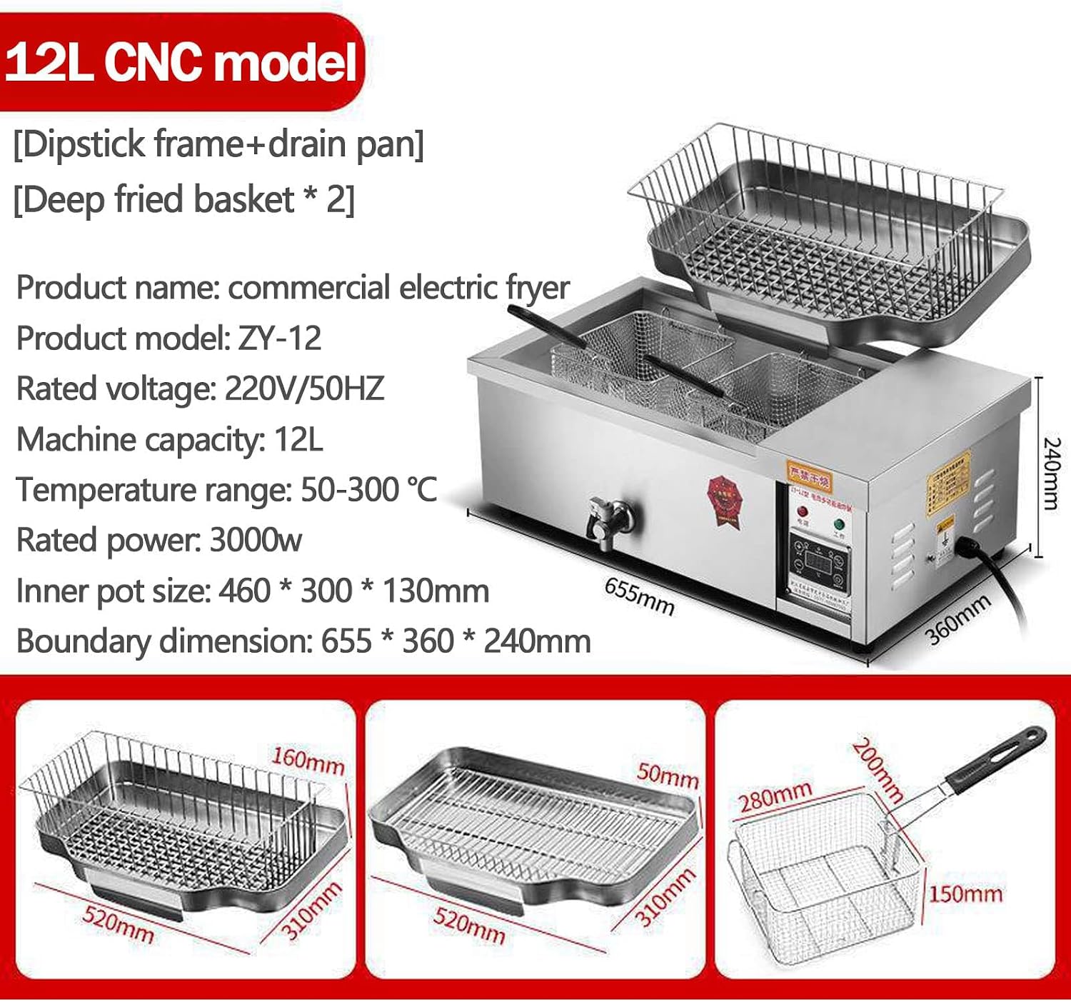Commercial Electric Deep Fat Fryer 3000W 12L Single Tank Stainless Steel Chip Fryer Countertop Kitchen Frying Machine with Baskets,Lids A,B